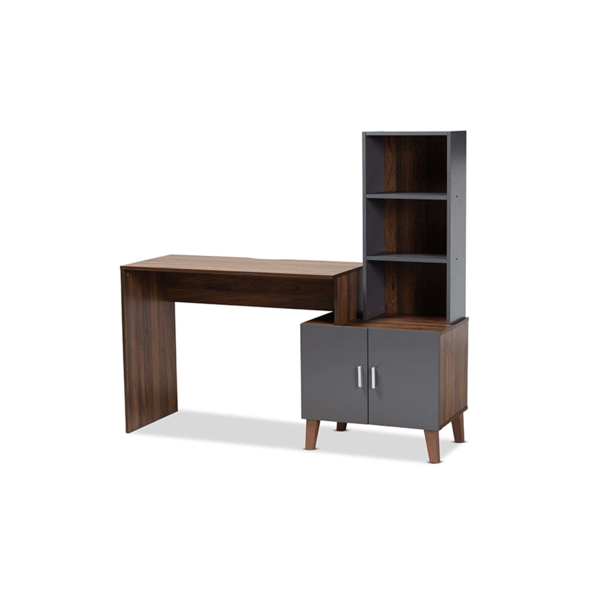 Baxton Studio Jaeger Modern And Contemporary Two-Tone Walnut Brown And Dark Grey Finished Wood Storage Desk With Shelves