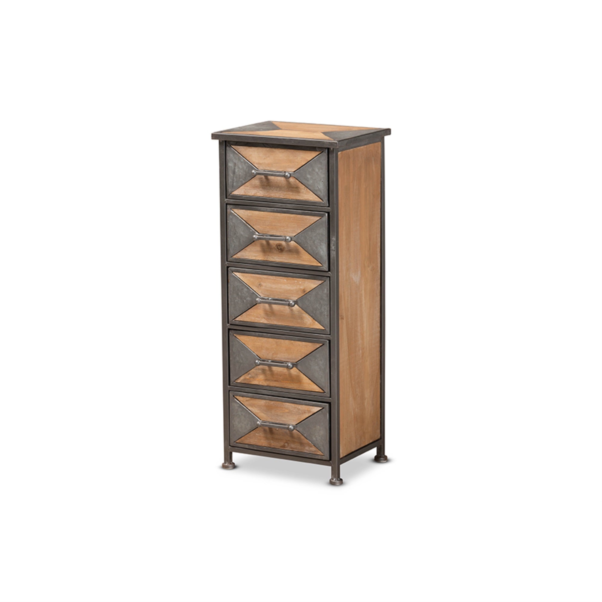 Baxton Studio Laurel Rustic Industrial Antique Grey Finished Metal And Whitewashed Oak Brown Finished Wood 5-Drawer Accent Stora