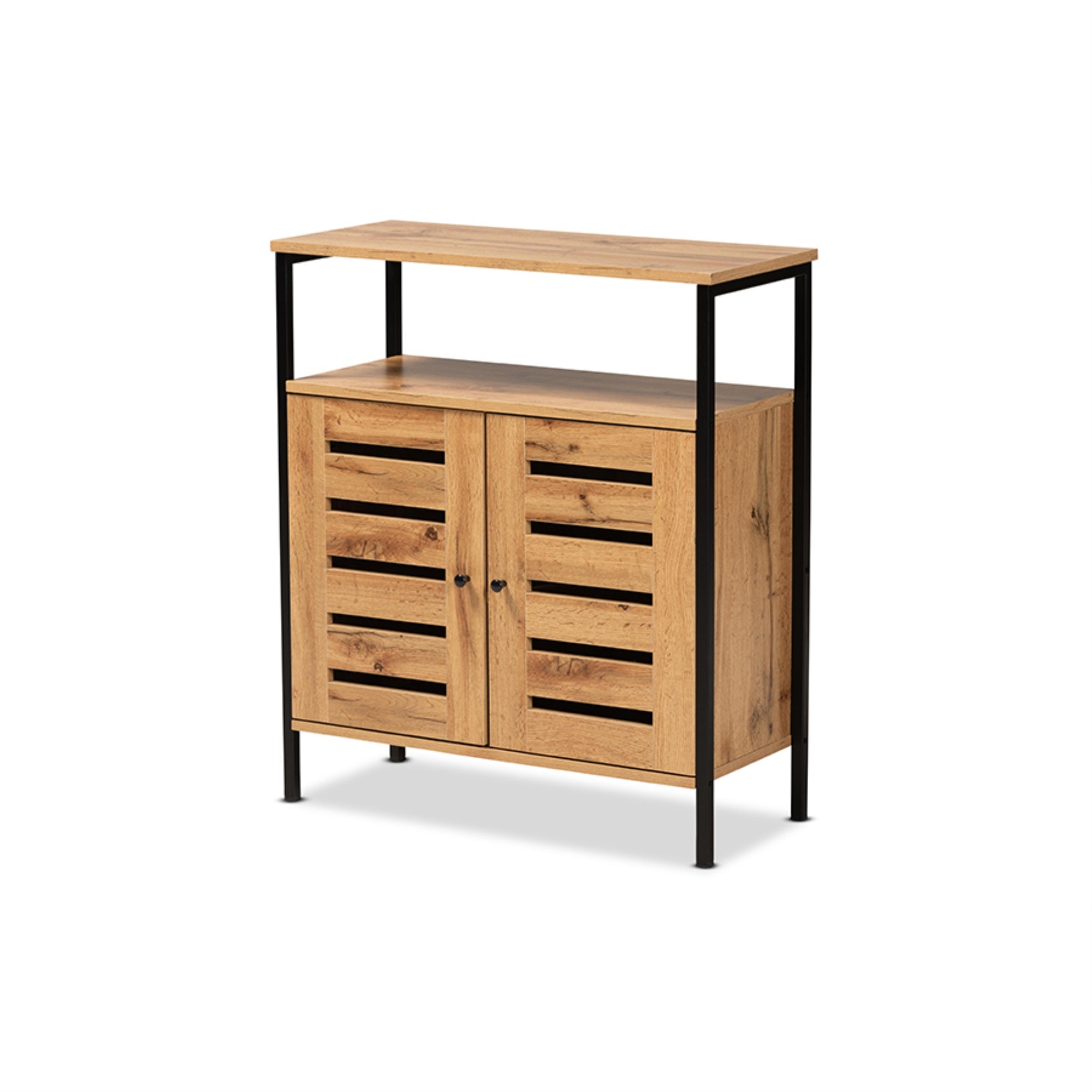 Baxton Studio Vander Modern and Contemporary Oak Brown Finished Wood and Black Metal 2-Door Shoe Cabinet