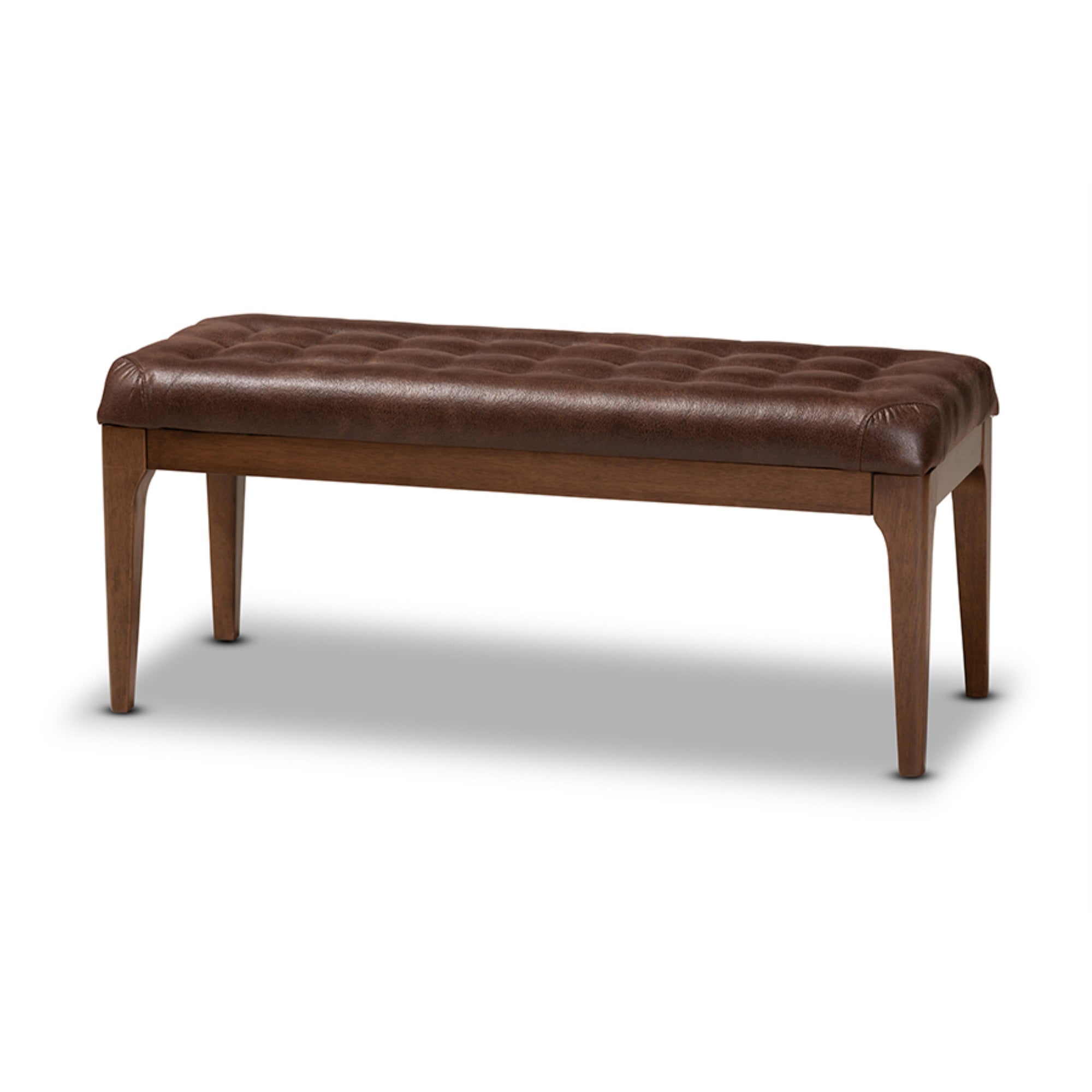 Baxton Studio Walsh Mid-Century Modern Dark Brown Leather-Effect Polyester Fabric Upholstered and Walnut Brown Finished Wood Dining Bench