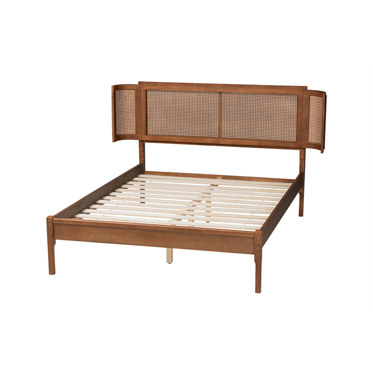 Baxton Studio Eridian Mid-Century Modern Walnut Brown Finished Wood And Natural Rattan Queen Size Platform Bed