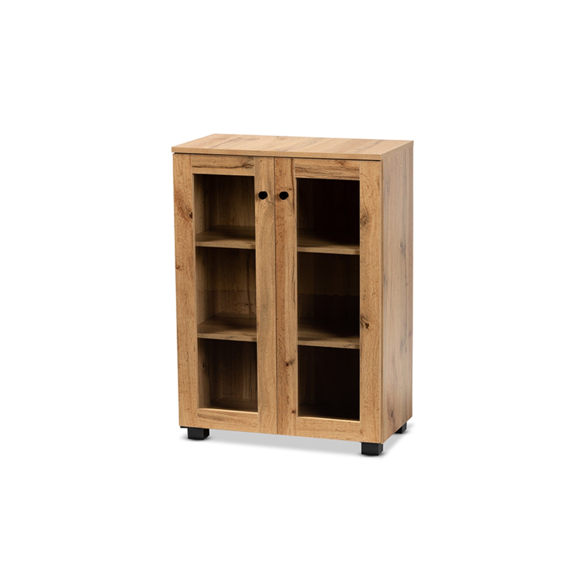 Baxton Studio Mason Modern and Contemporary Oak Brown Finished Wood 2-Door Storage Cabinet with Glass Doors