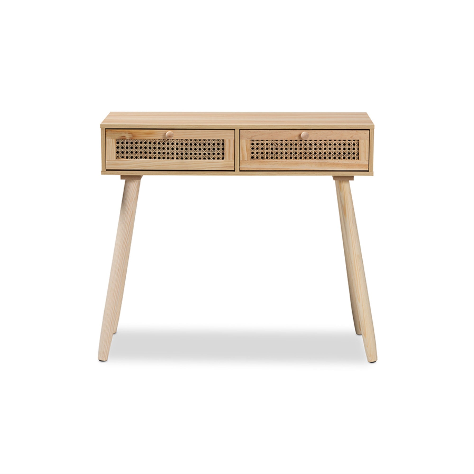 Baxton Studio Maclean Mid-Century Modern Rattan And Natural Brown Finished Wood 2-Drawer Console Table