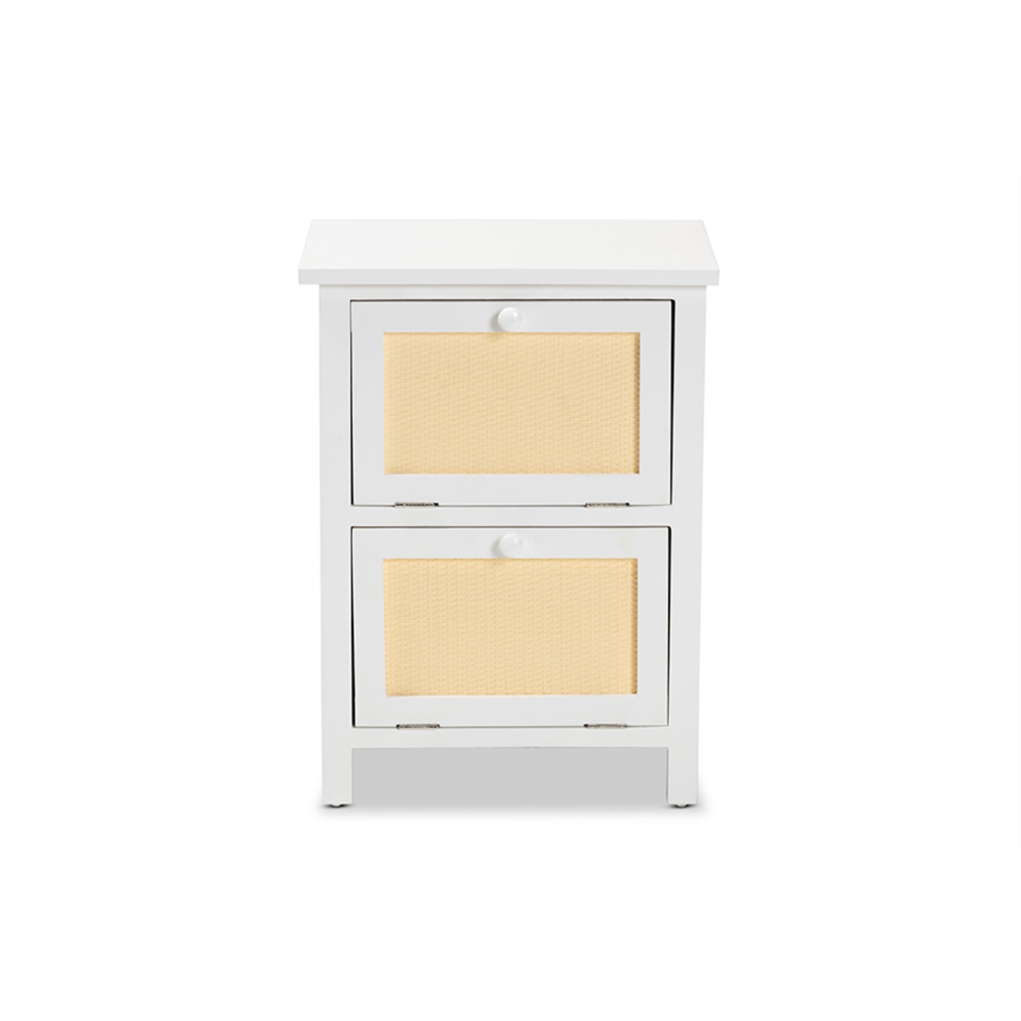 Baxton Studio Sariah Mid-Century Modern White Finished Wood And Rattan 2-Door End Table