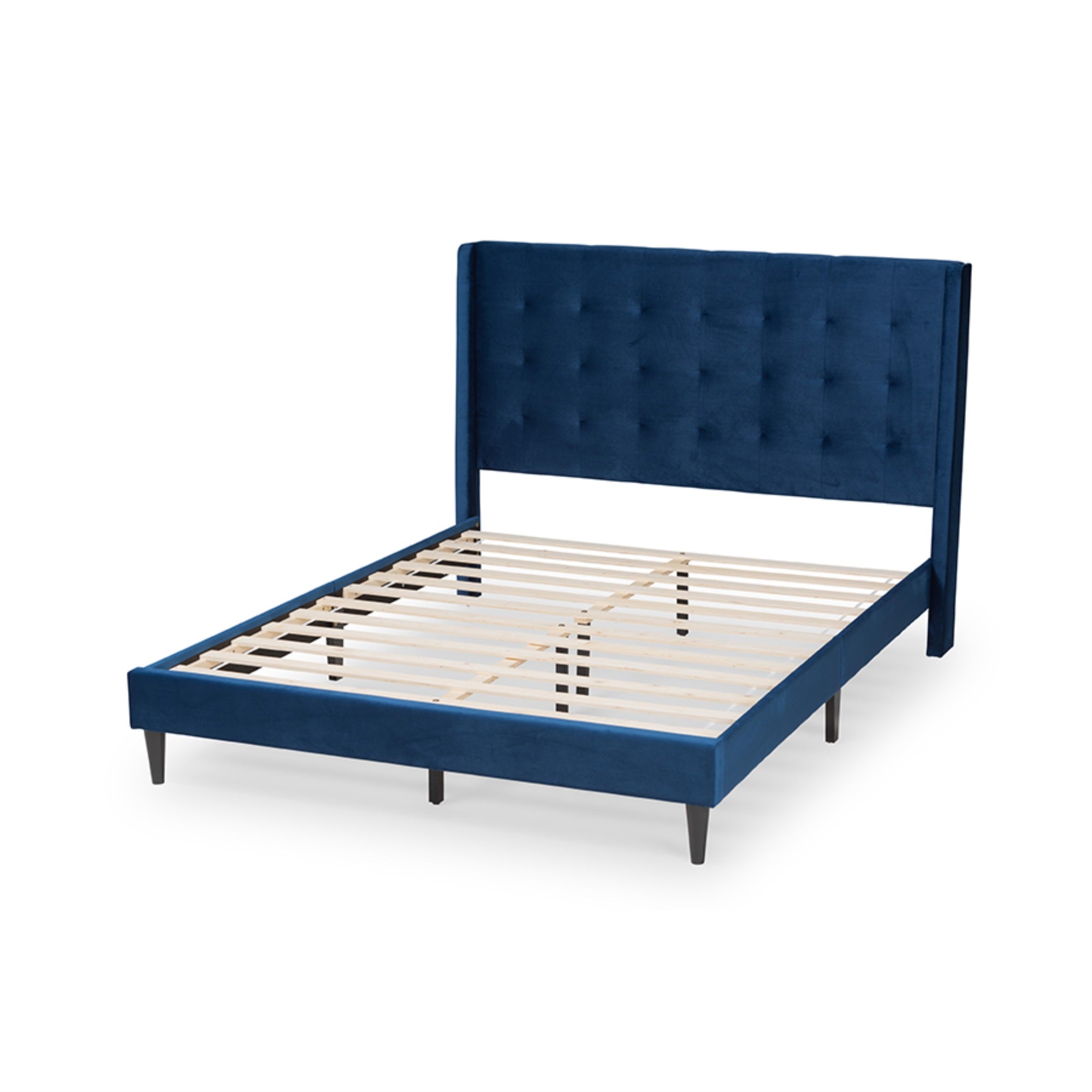 Baxton Studio Gothard Modern And Contemporary Navy Blue Velvet Fabric Upholstered And Dark Brown Finished Wood Queen Size Platfo