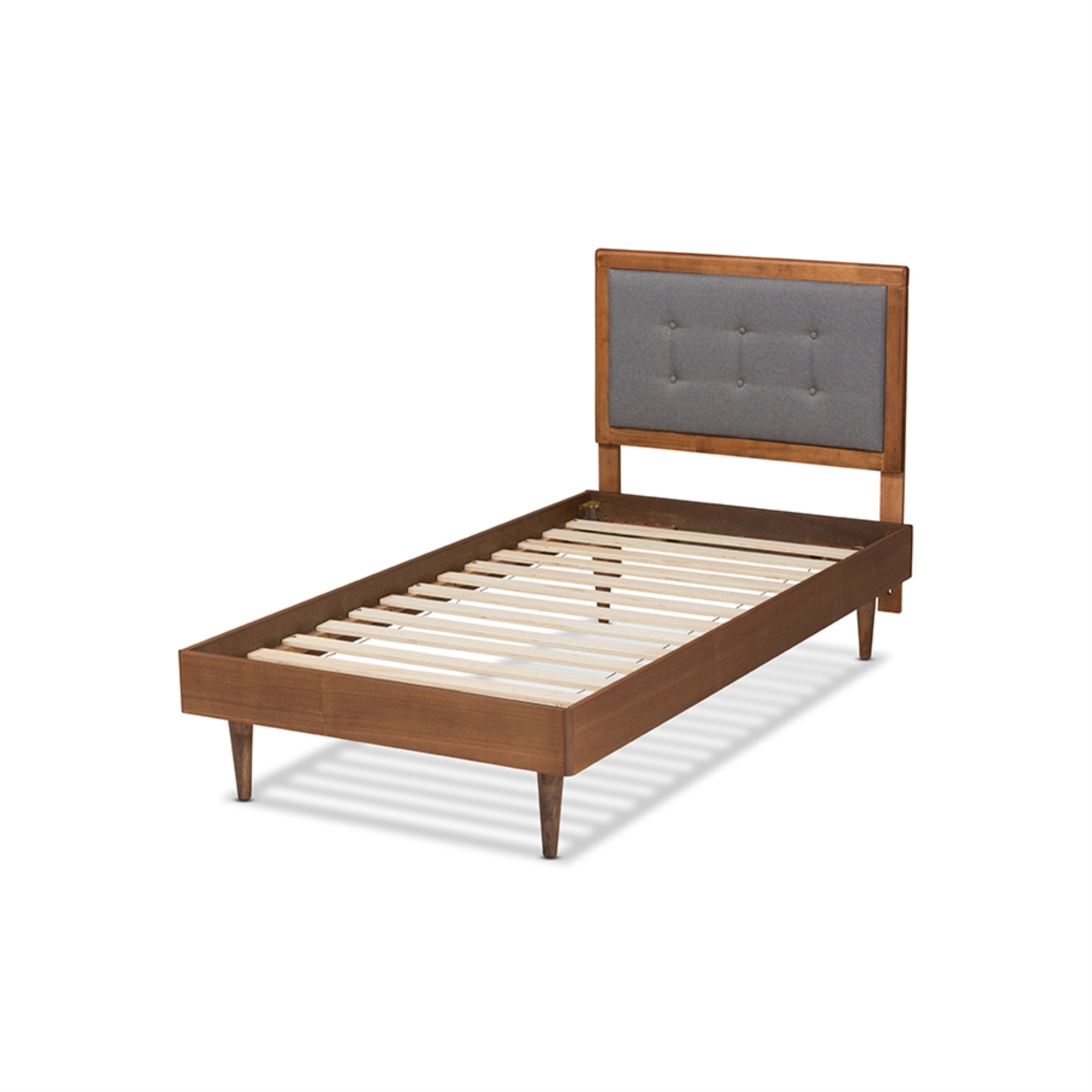 Baxton Studio Greta Mid-Century Modern Dark Grey Fabric Upholstered And Walnut Brown Finished Wood Twin Size Platform Bed