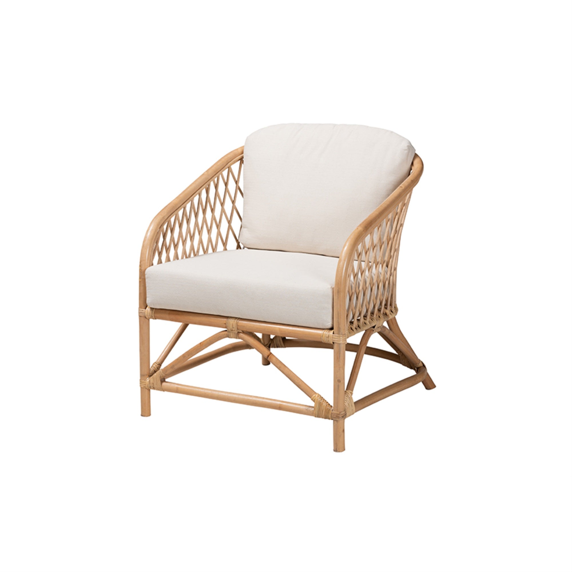 Baxton Studio Patsy Modern Bohemian White Fabric and Natural Brown Rattan Armchair