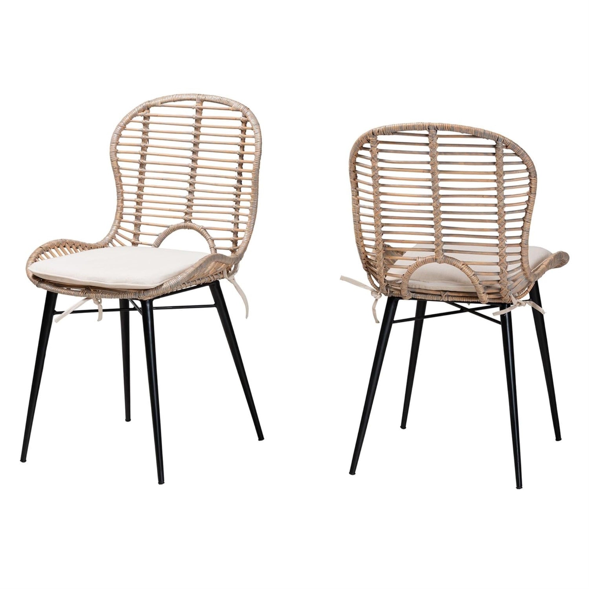 bali & pari Brenna Modern Bohemian Greywashed Rattan and Black Metal 2-Piece Dining Chair Set