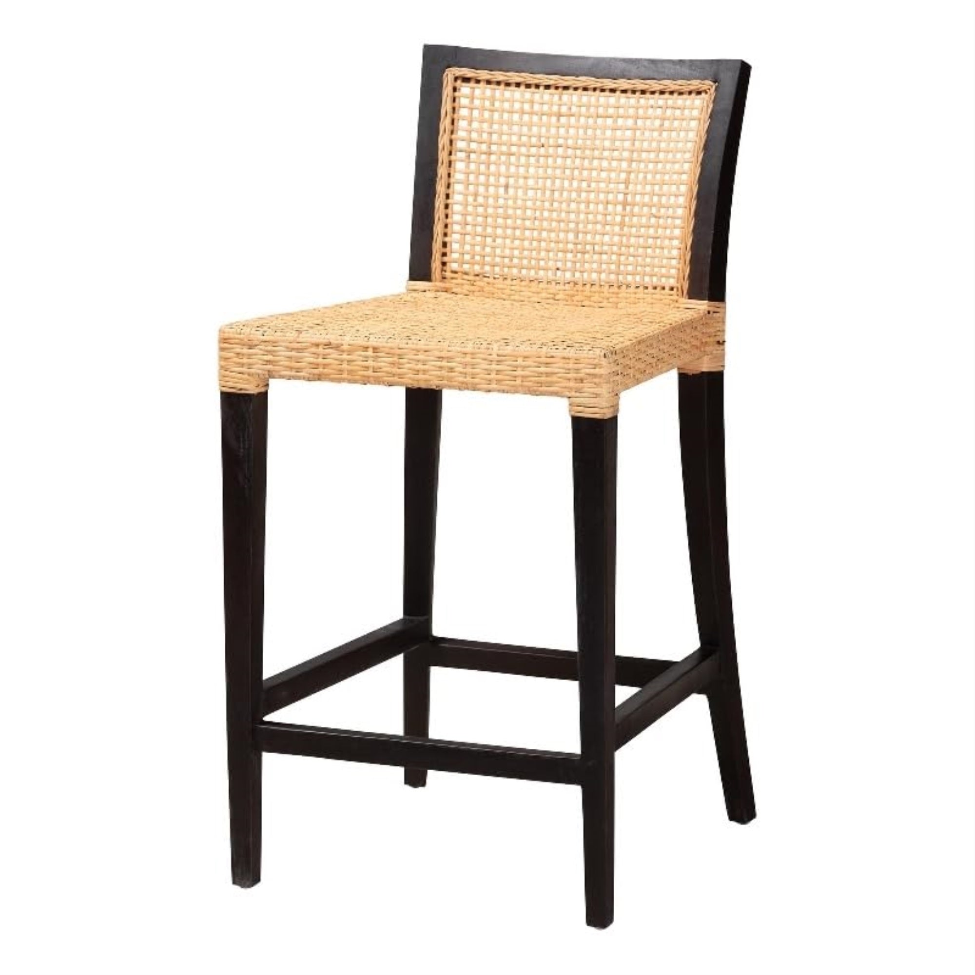 bali & pari Lingga Modern Bohemian Dark Brown Mahogany Wood and Natural Rattan Counter Stool