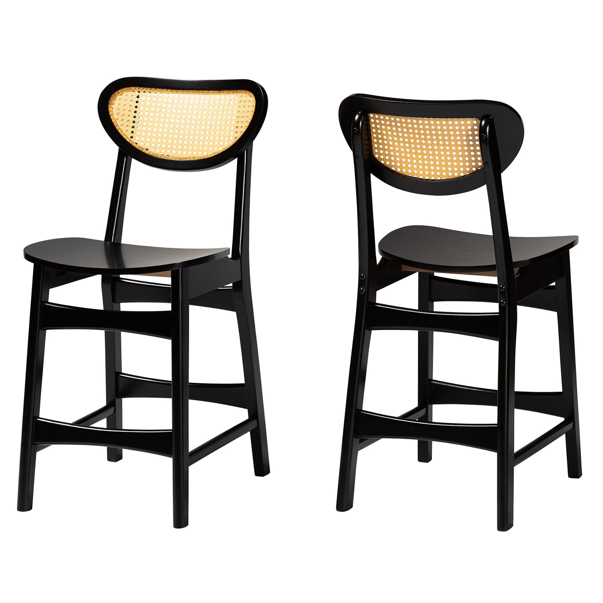 Baxton Studio Hesper Mid-Century Modern Dark Brown Finished Wood And Rattan 2-Piece Counter Stool Set