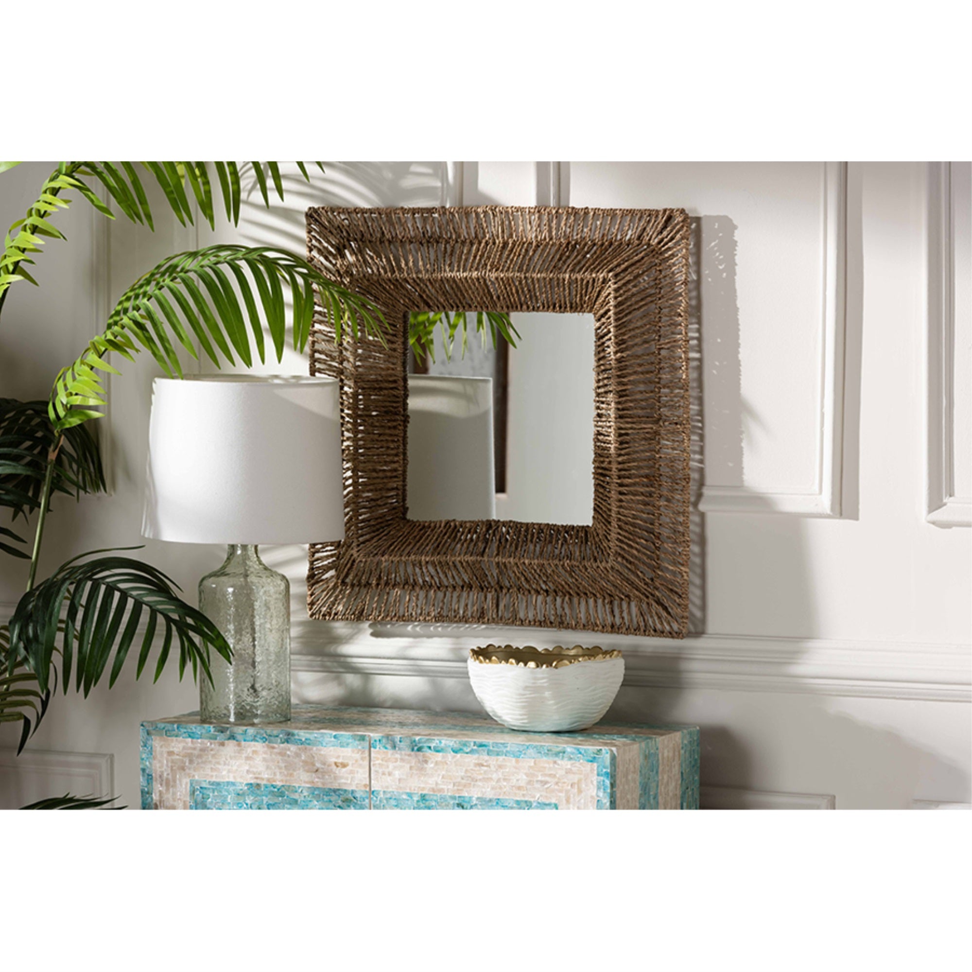 bali & pari Collice Modern Bohemian Metal and Natural Brown Seagrass Accent Wall Mirror