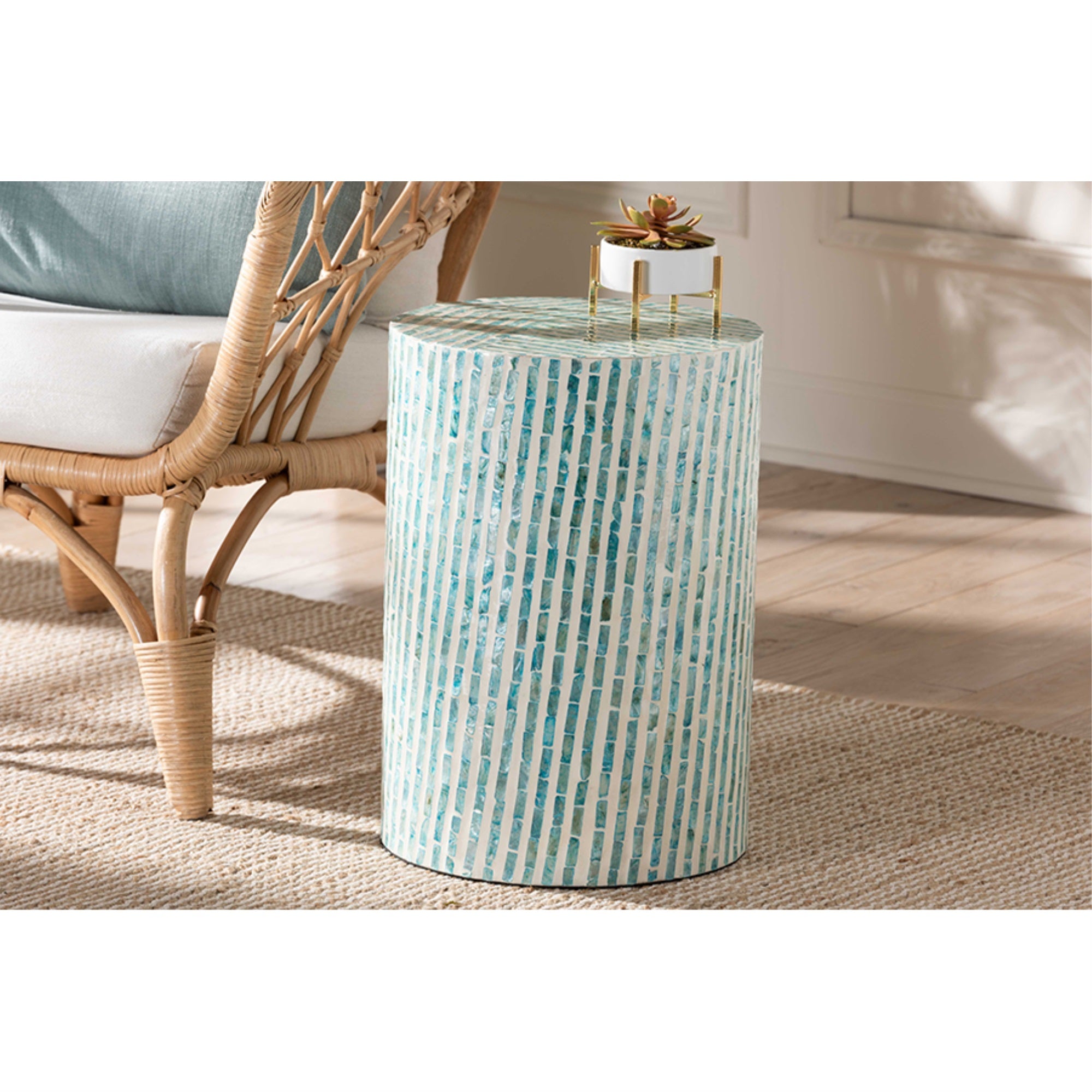 Baxton Studio Draven Modern Bohemian White and Blue Mother of Pearl End Table