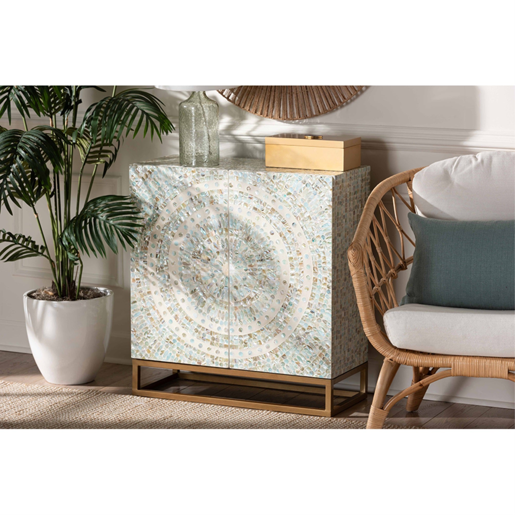 Baxton Studio Quintus Modern Bohemian Multicolor Mother of Pearl and Gold Metal Storage Cabinet