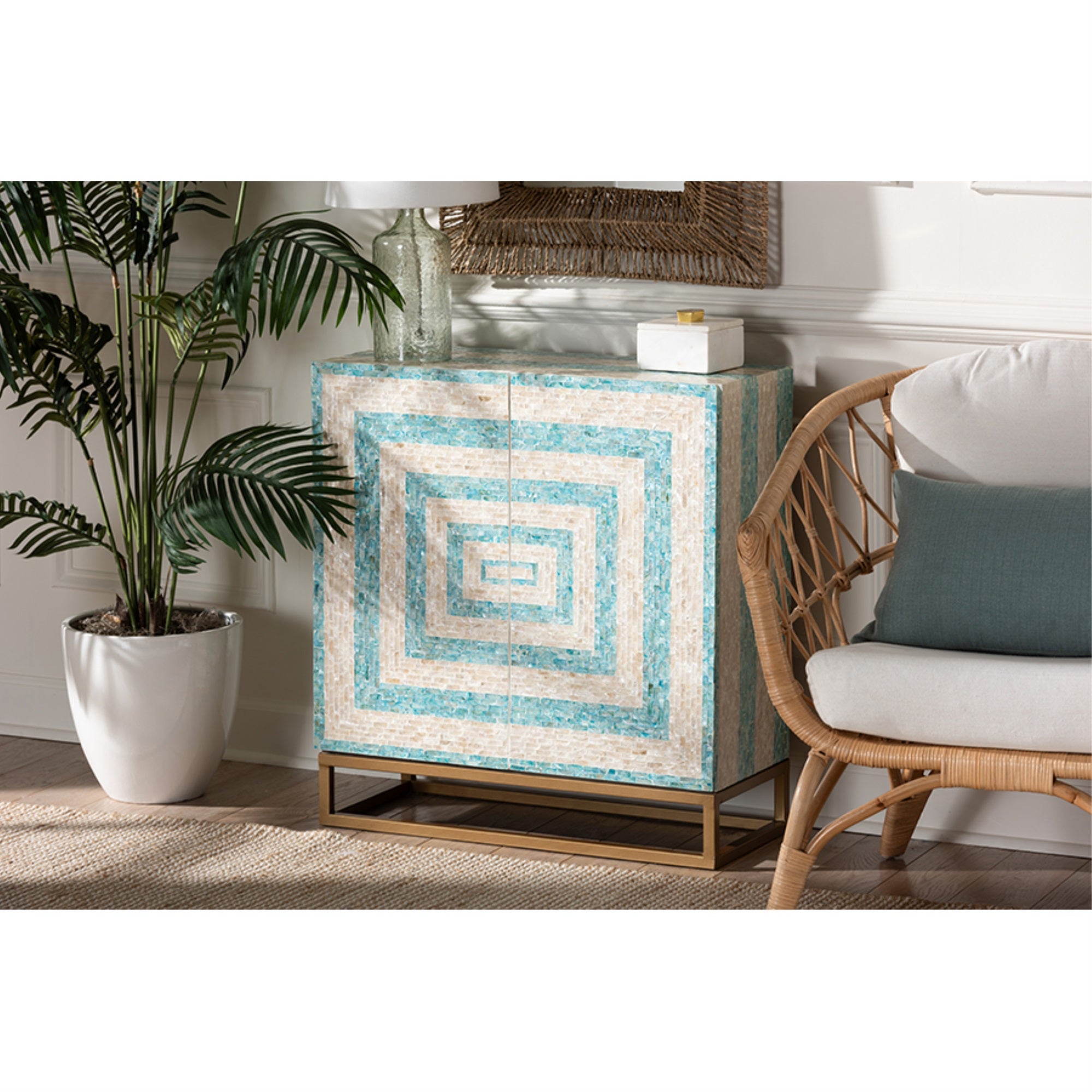 Baxton Studio Utari Modern Bohemian Two-Tone Beige and Blue Mother of Pearl and Gold Metal Storage Cabinet
