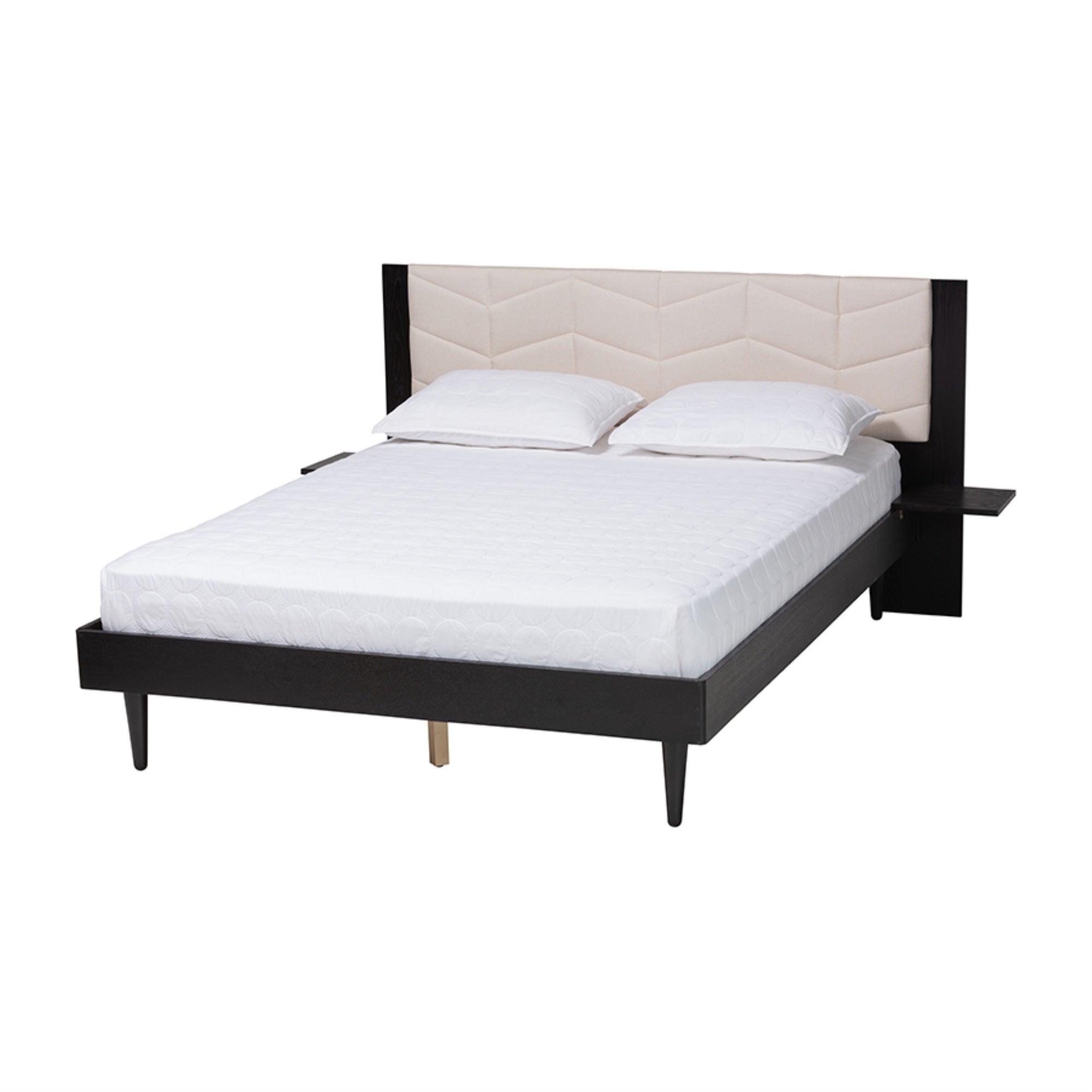 Baxton Studio Adriano Transitional Beige Fabric and Black Wood Queen Size Bed with Built-In Side Tables