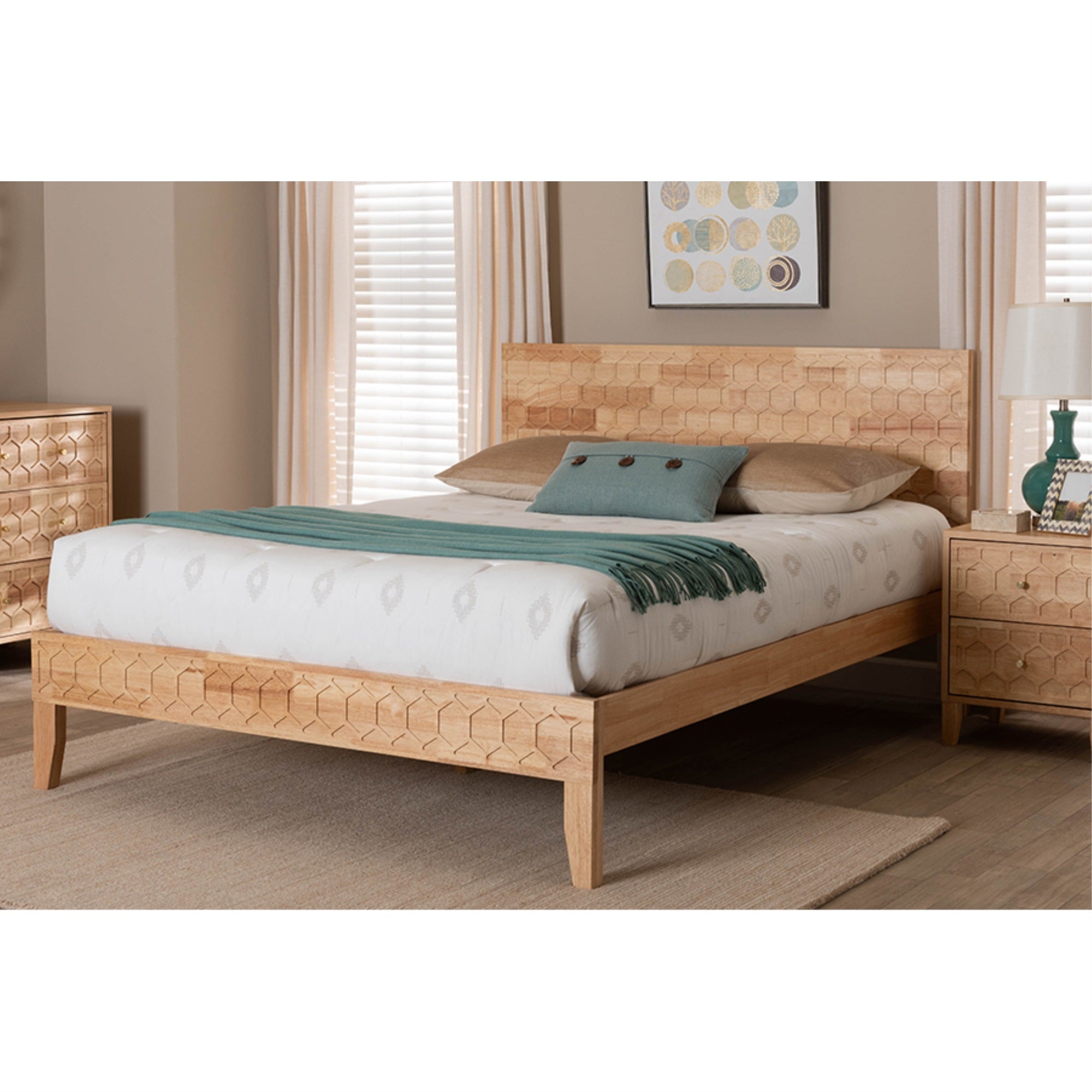 Baxton Studio Hosea Japandi Carved Honeycomb Natural King Size Platform Bed