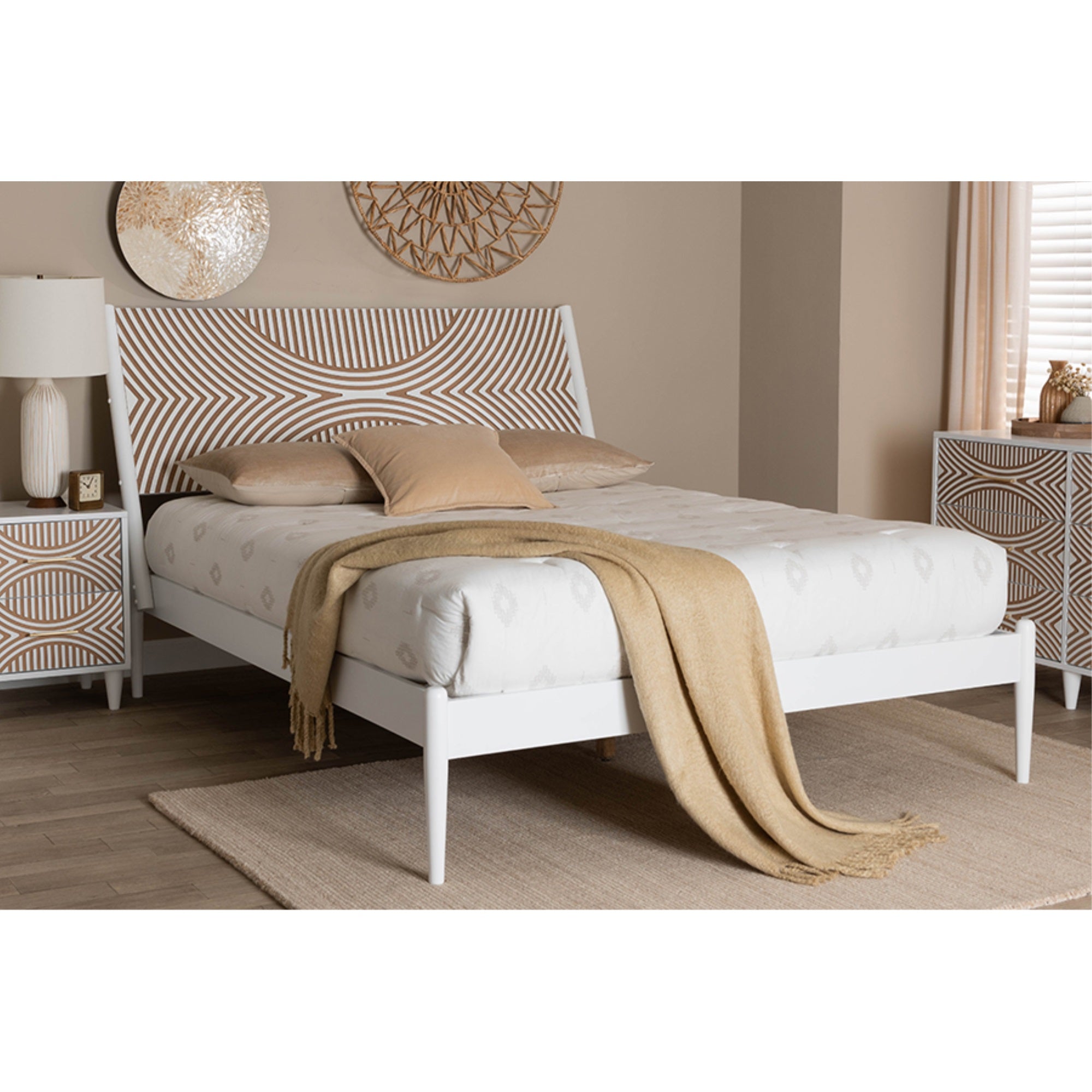 Baxton Studio Louetta  White Queen Size Platform Bed with Carved Contrasting Headboard