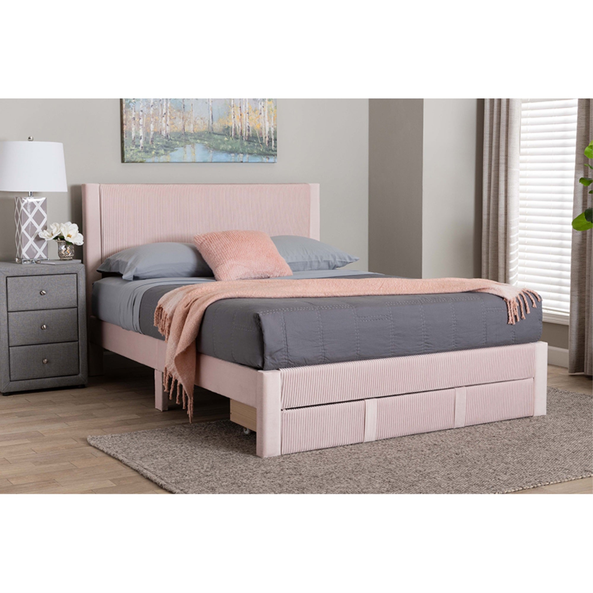 Baxton Studio Elora Modern Light Pink Pleated Velvet Queen Size Storage Bed