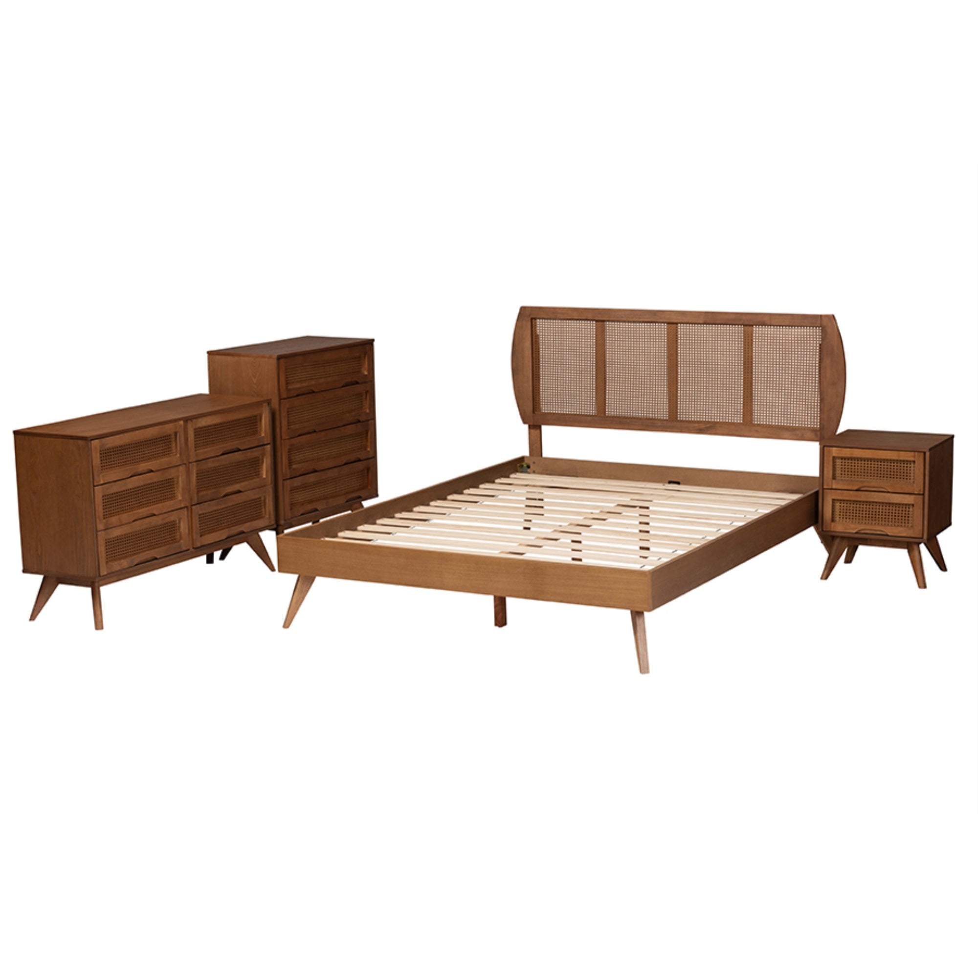 Baxton Studio Asami Mid-Century Modern Walnut Brown Finished Wood And Woven Rattan King Size 4-Piece Bedroom Set