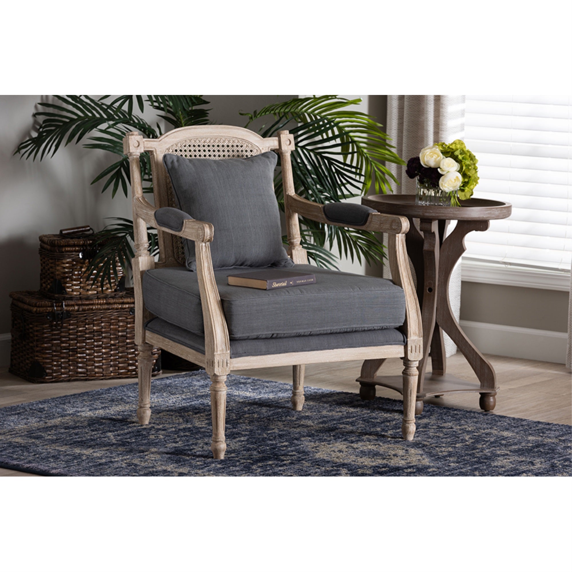 Baxton Studio Clemence French Provincial Grey Fabric Whitewashed Mahogany Wood Armchair
