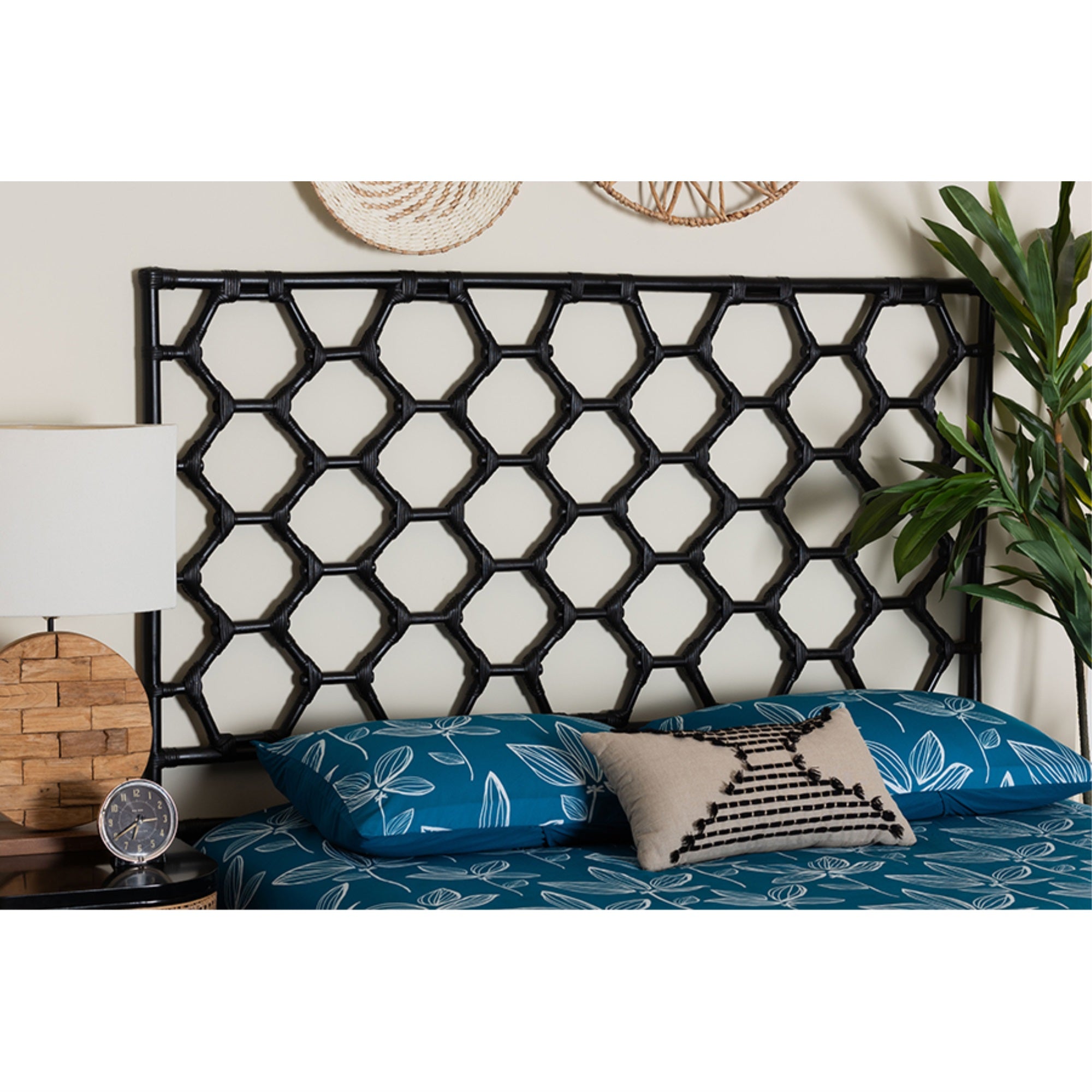 bali & pari Revonda Bohemian Black Rattan Queen Size Standalone Headboard