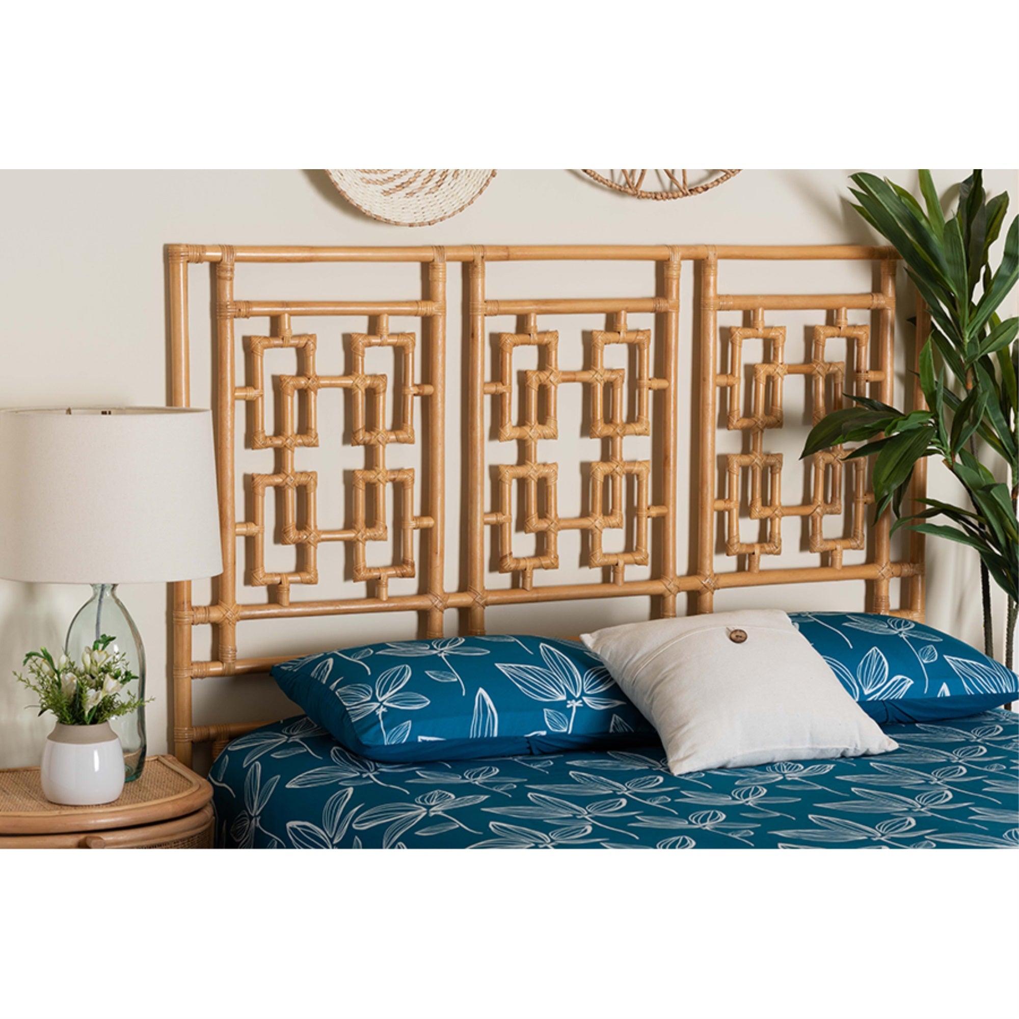 bali & pari Galvan Bohemian Natural Rattan Queen Size Standalone Headboard