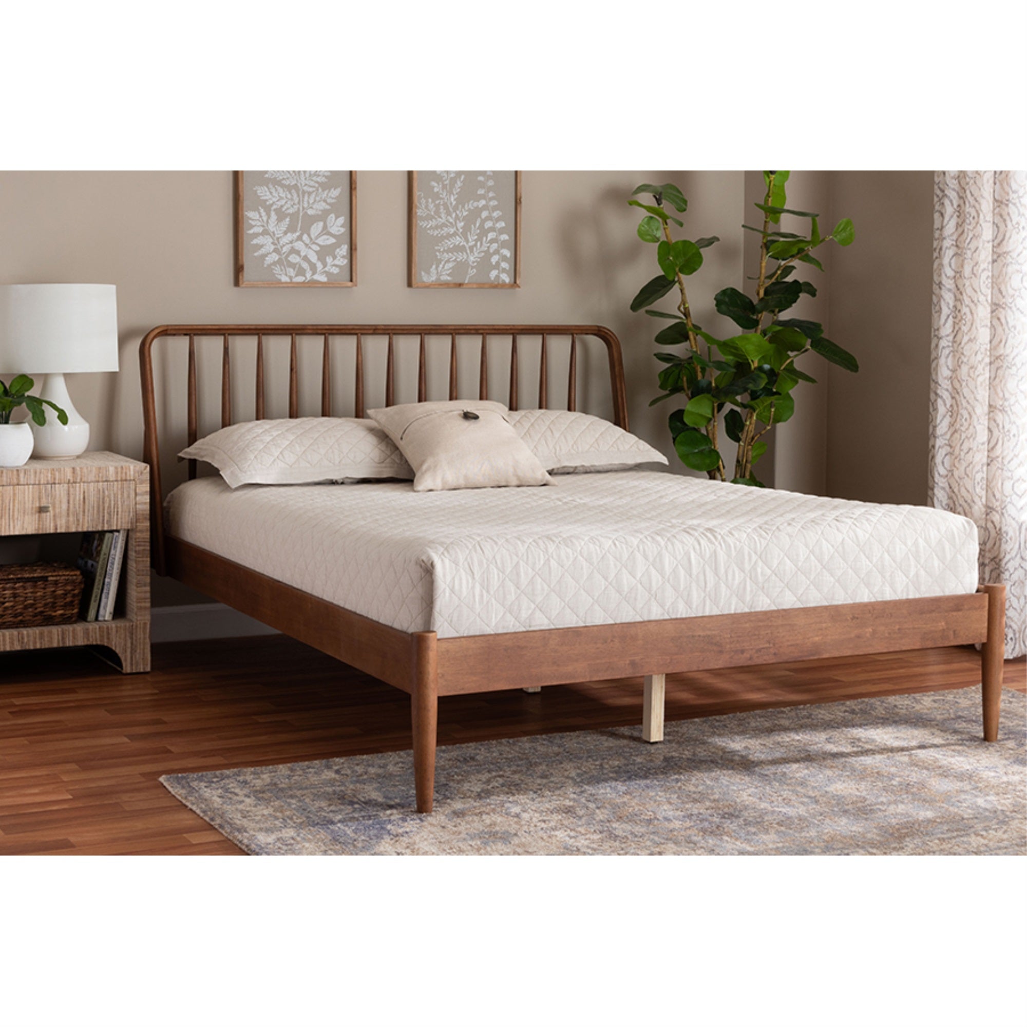 Baxton Studio Maeron Mid-Century Modern Walnut Brown Queen Platform Bed with Spindle Headboard