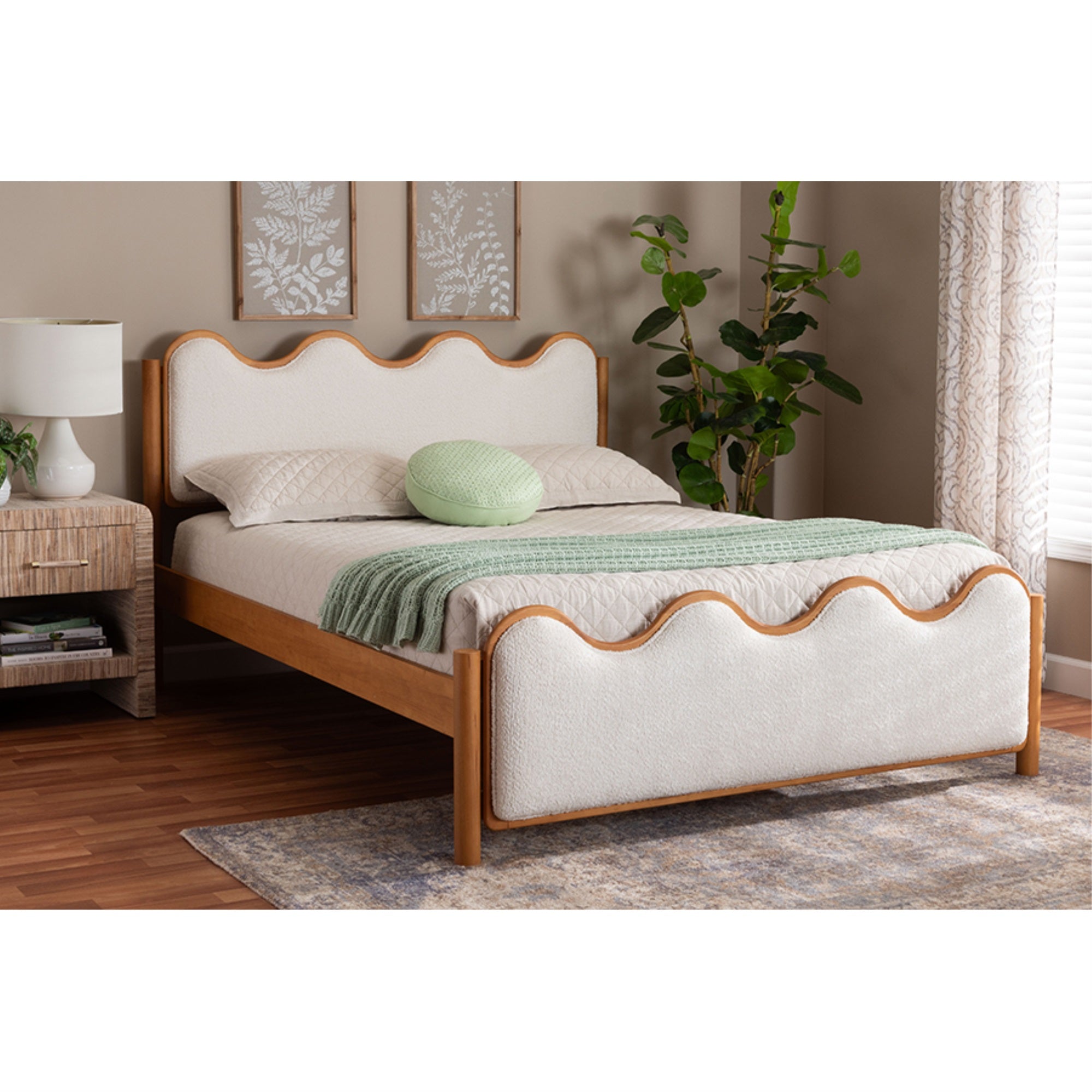 Baxton Studio Lilia Mid-Century Modern Scalloped Cream Boucle and Oak Brown Wood Queen Platform Bed
