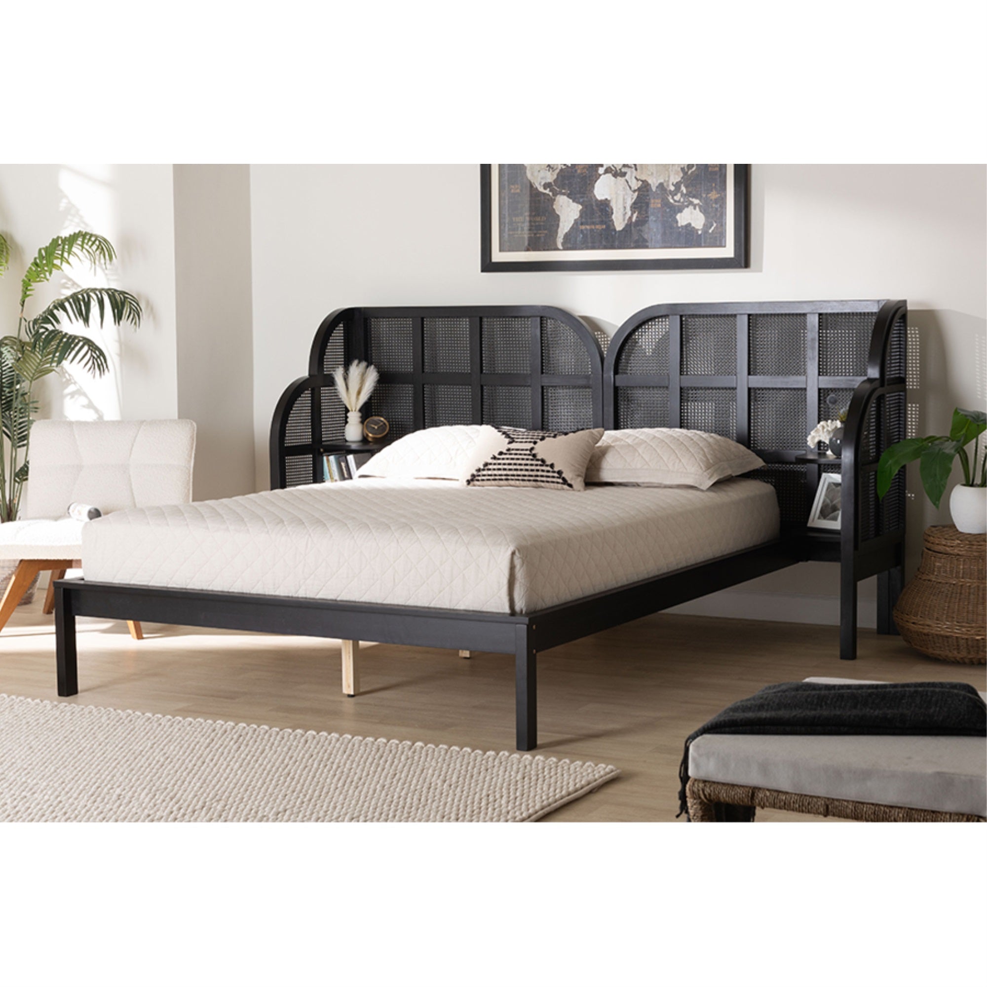 Baxton Studio Cascadia Mid-Century Modern Ebony Black Wood Queen Size Wingback Platform Bed