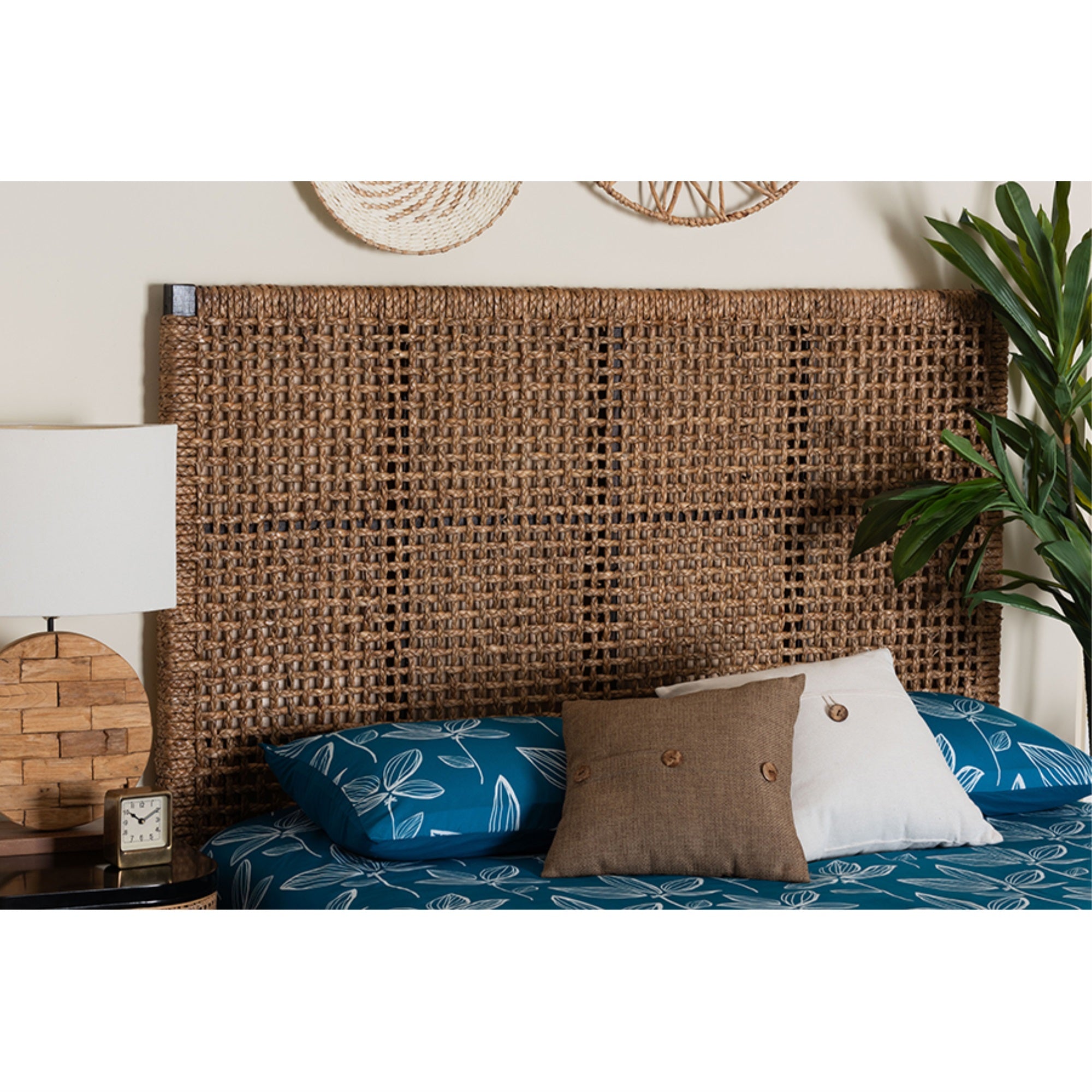 bali & pari Alise Bohemian Seagrass and Dark Brown Mahogany Wood King Size Headboard