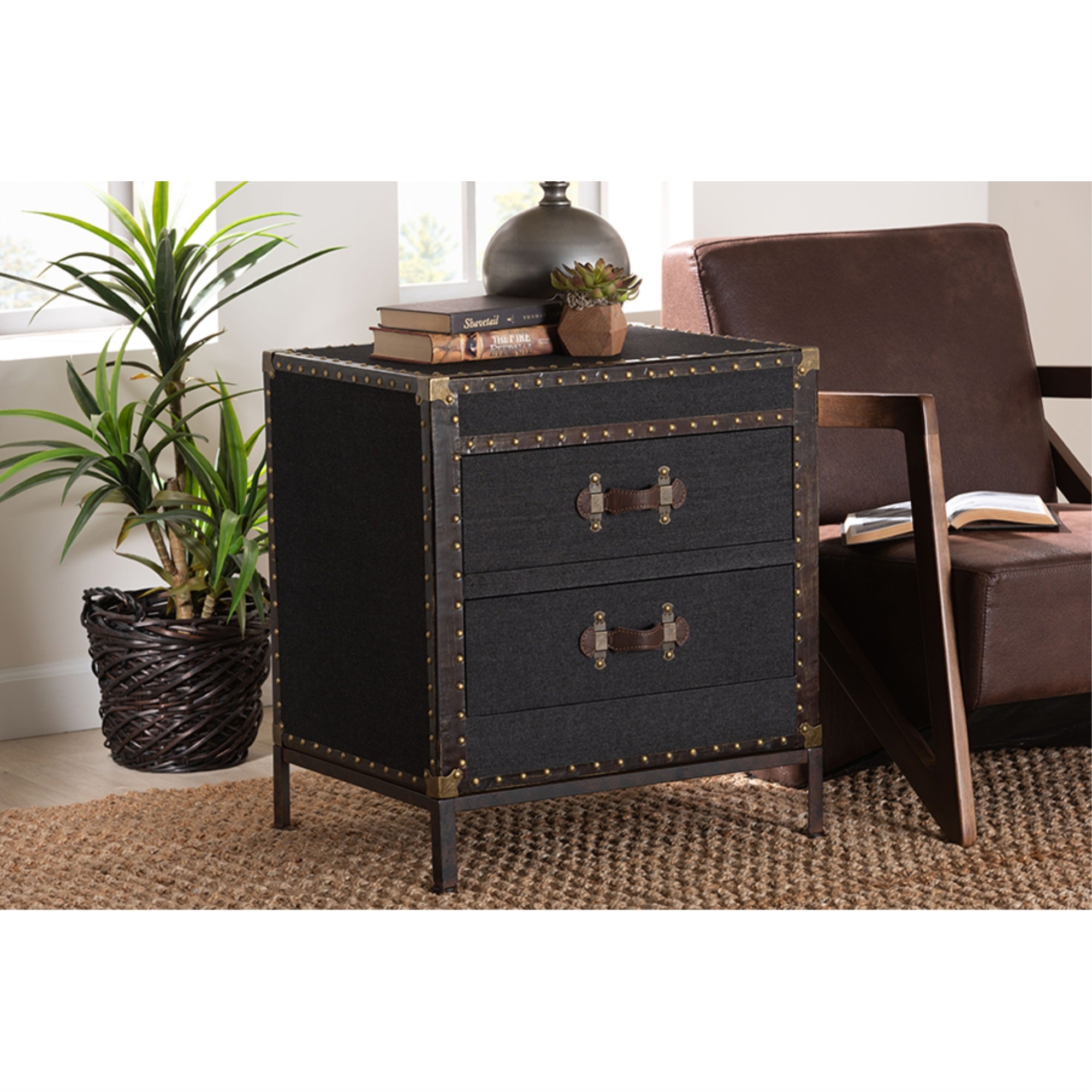 Baxton Studio Laura Vintage Black Canvas 2-Drawer End Table Trunk