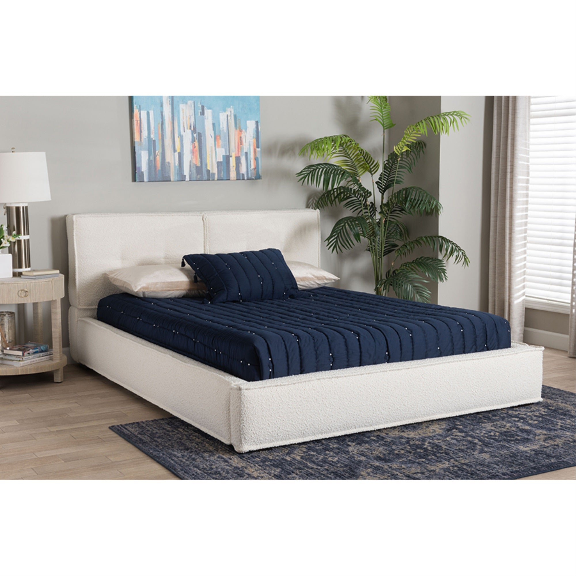 Baxton Studio Laverick Modern Cream Boucle Queen Platform Bed with Border Piping