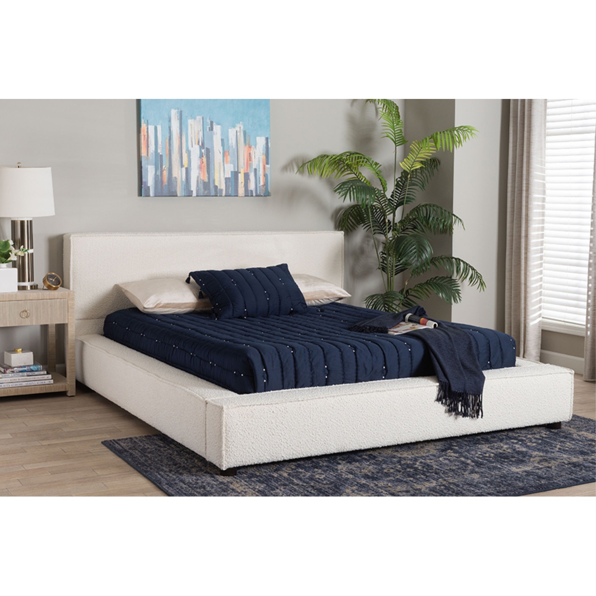Baxton Studio Bardia Modern Cream Boucle Queen Platform Bed with Wide Railing