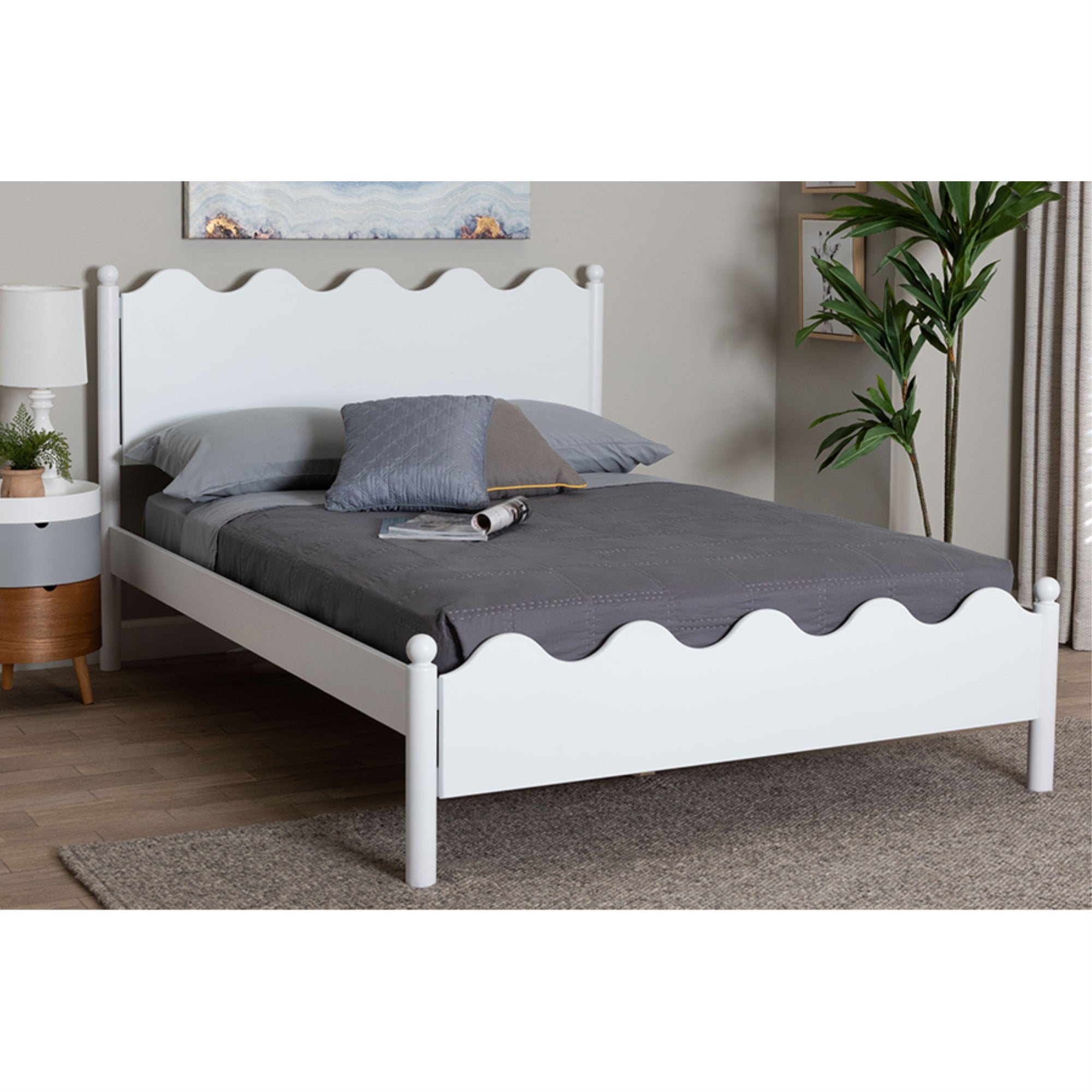 Baxton Studio Malaya Modern White Wood Full Platform Bed with Scalloped Edges