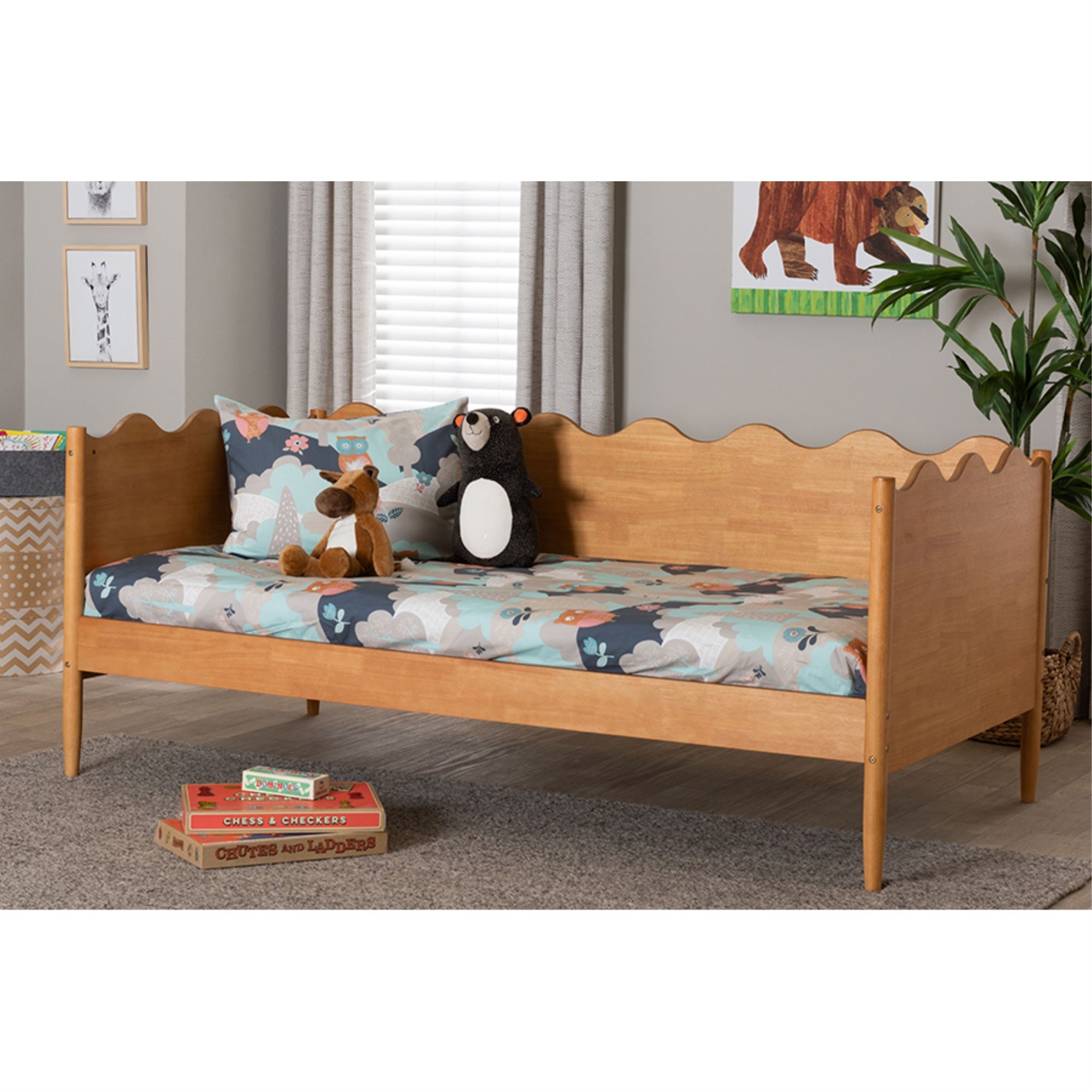 Baxton Studio Malaya Modern Oak Brown Wood Twin Daybed with Scalloped Edges