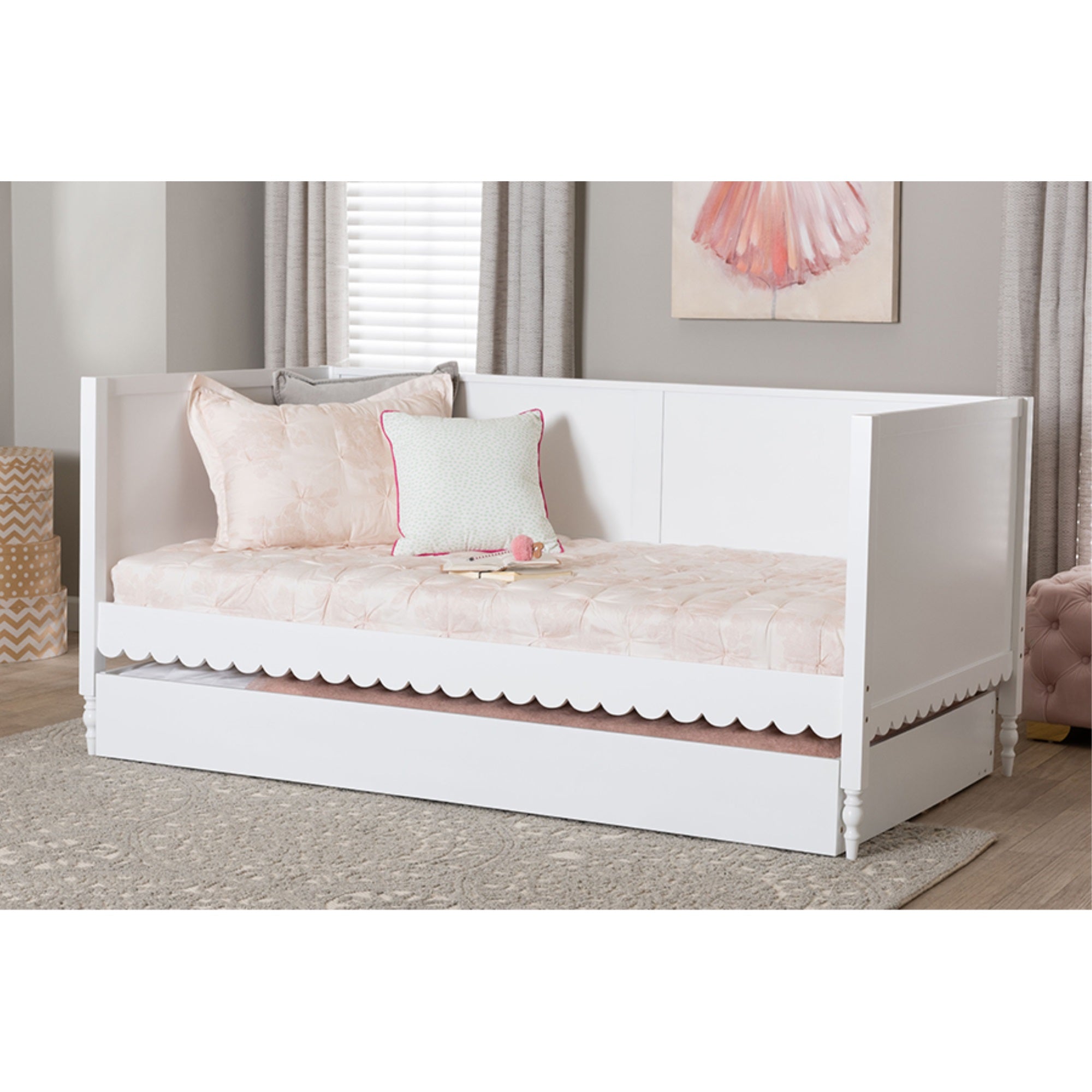 Baxton Studio Roni Modern White Scalloped Wood Twin Daybed with Trundle