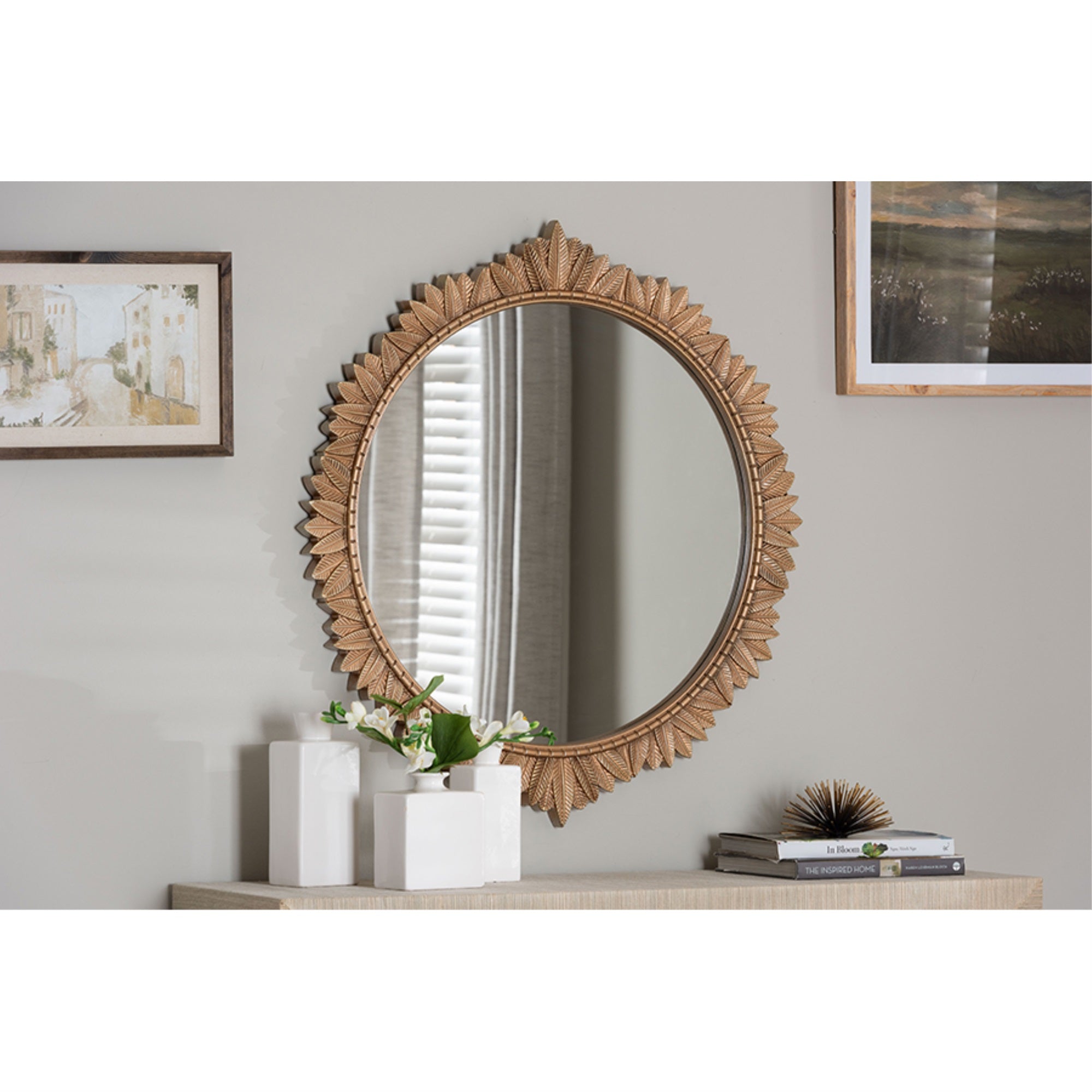 Baxton Studio Caitlin Antique Gold Finished Wood Round Accent Wall Mirror with Carved Leaf Border