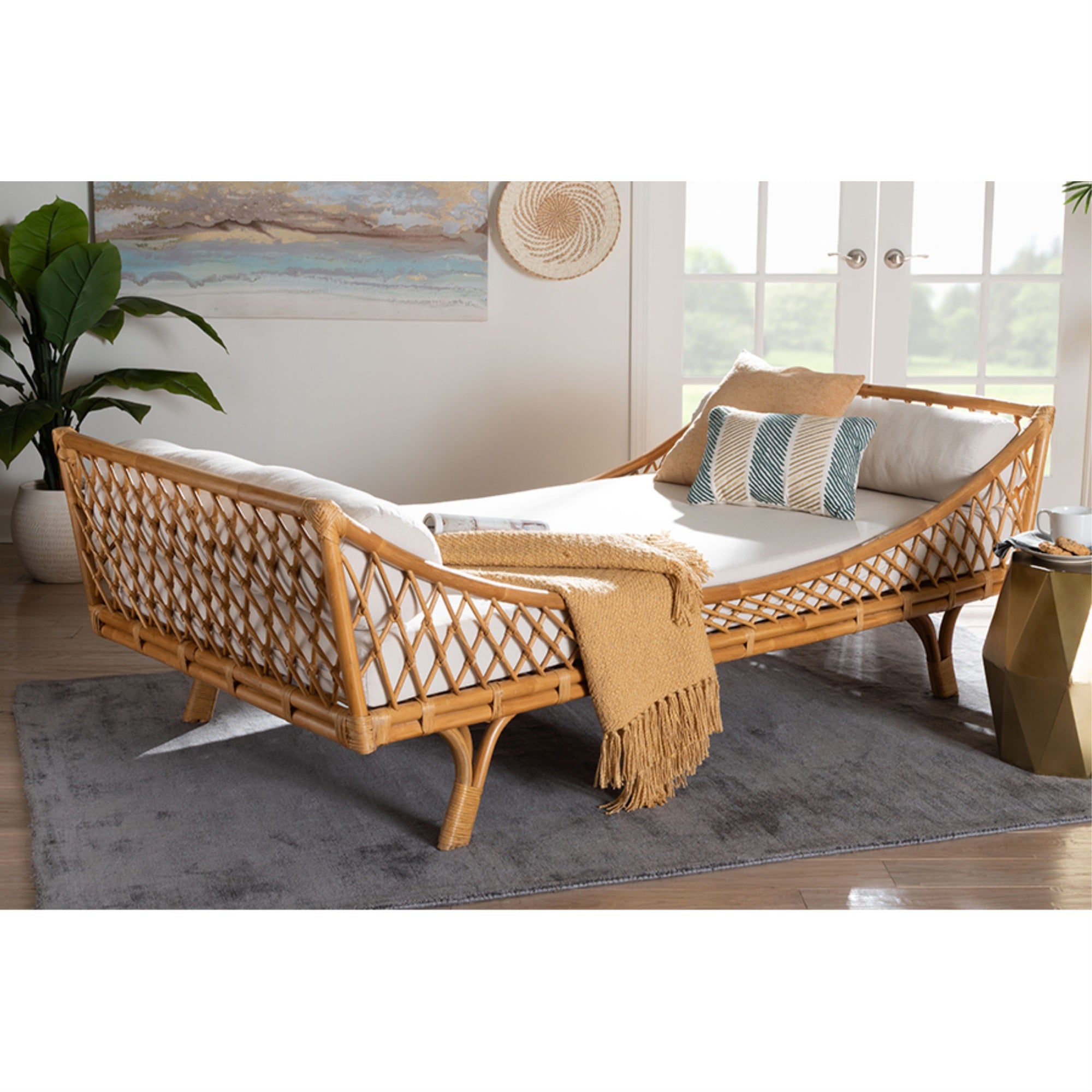 bali & pari Akemi Handwoven Natural Rattan Daybed with Cushion - Boho  Lounge Bed for Living Room, Bedroom, or Sunroom