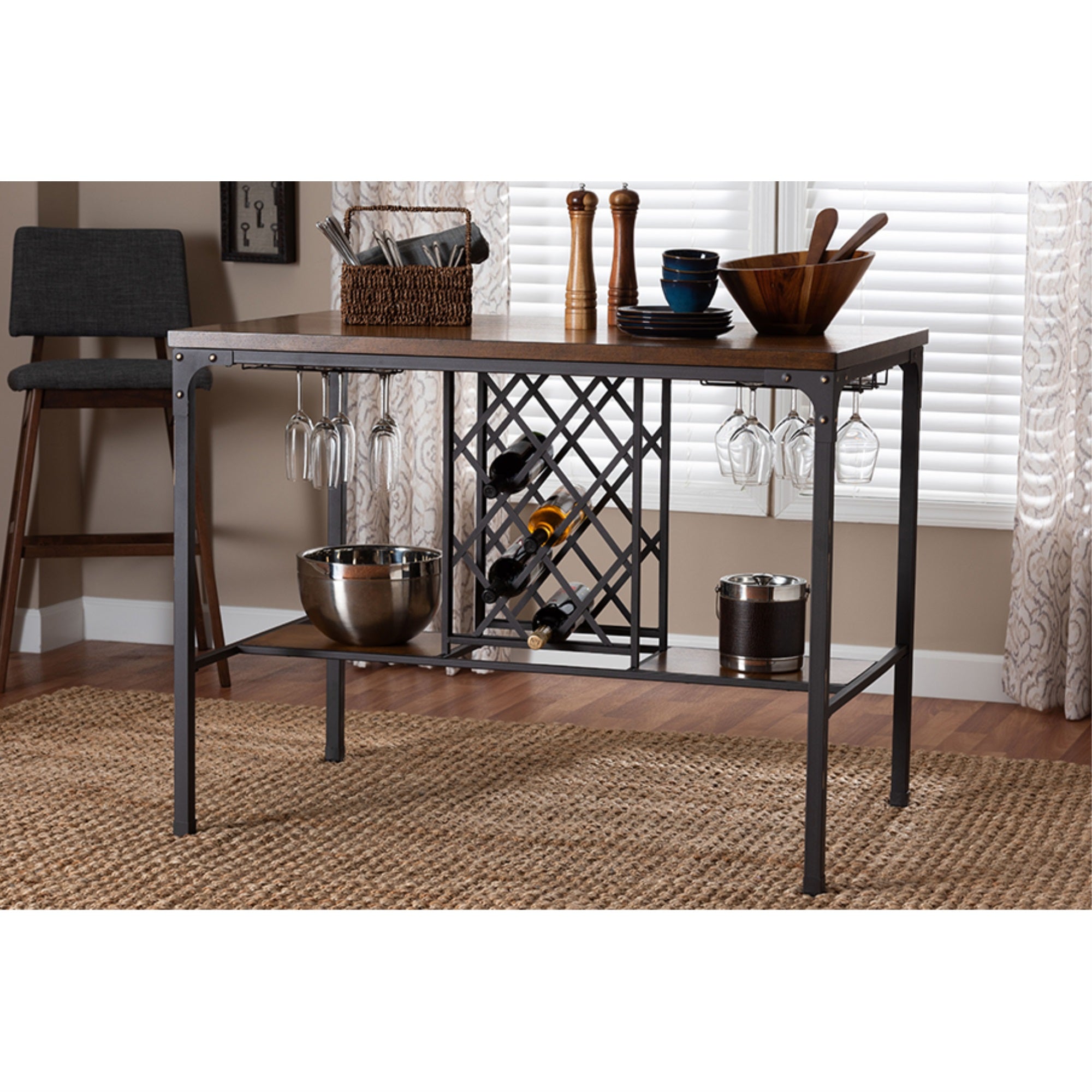 Baxton Studio Vintner Industrial Brown and Black Pub Table with Built-In Wine Cage