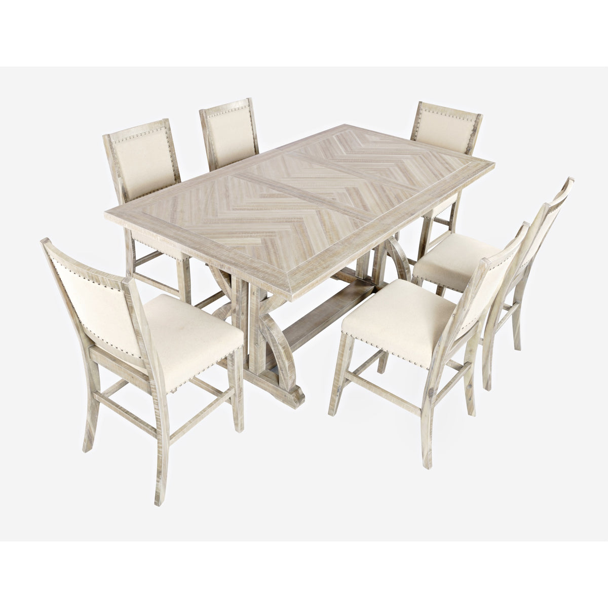 Fairview Transitional Modern Distressed 78' Seven-Piece Upholstered Counter Height Dining Set