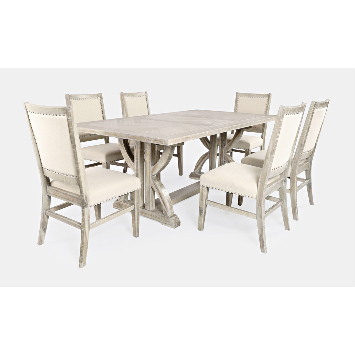 Fairview Transitional Modern Distressed 78' Seven-Piece Upholstered Dining Set