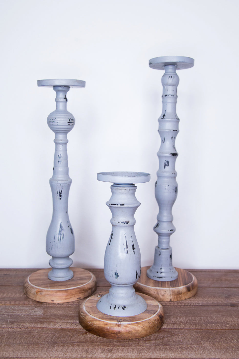 S/3 Distressed Metal And Wood Candleholders - Gray