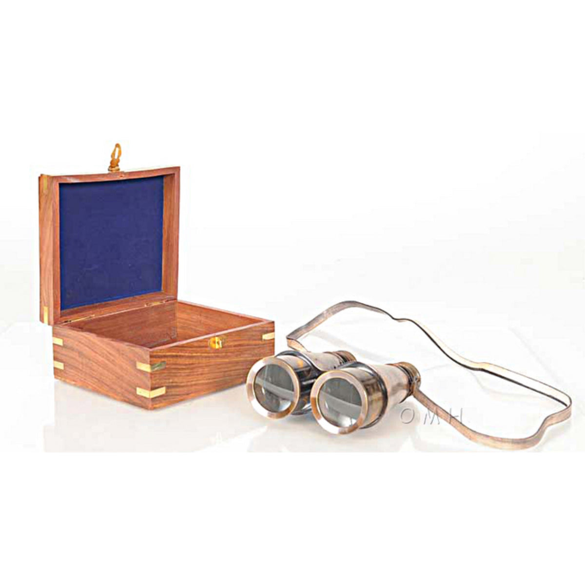 Binoculars With Leather Overlay In Wooden Box