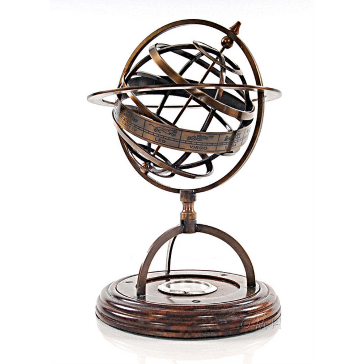 Brass Armillary Globe With Compass On Wooden Base