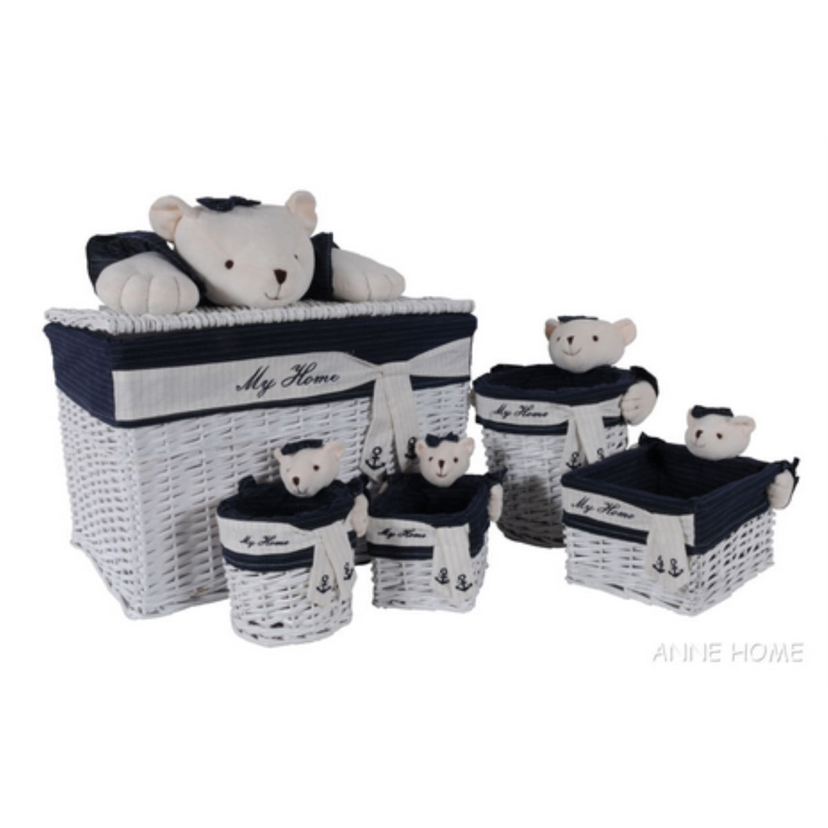 Anne Home - Set Of 5 Rectangular Willow Storage Baskets With Children'S Bear Detail In Several Sizes