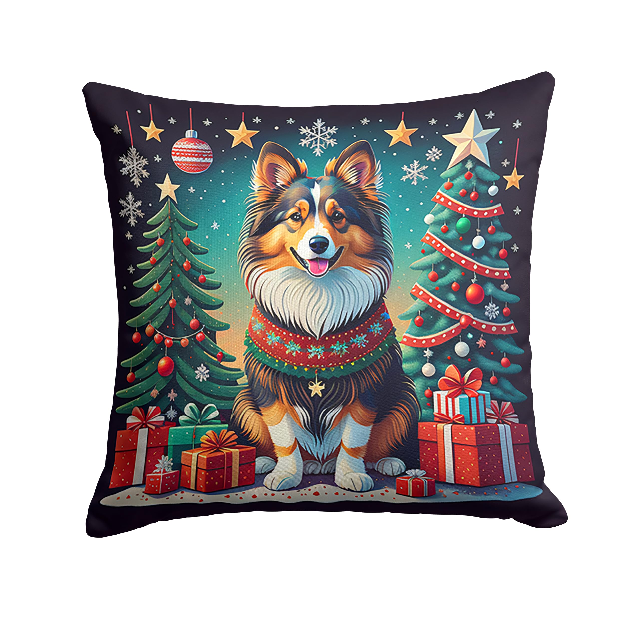Carolines Treasures DAC1155PW1414 Sheltie Christmas Fabric Decorative Pillow Machine Washable, Indoor Outdoor Decorative Pillow for Couch, Bed or Patio, 14Hx14W