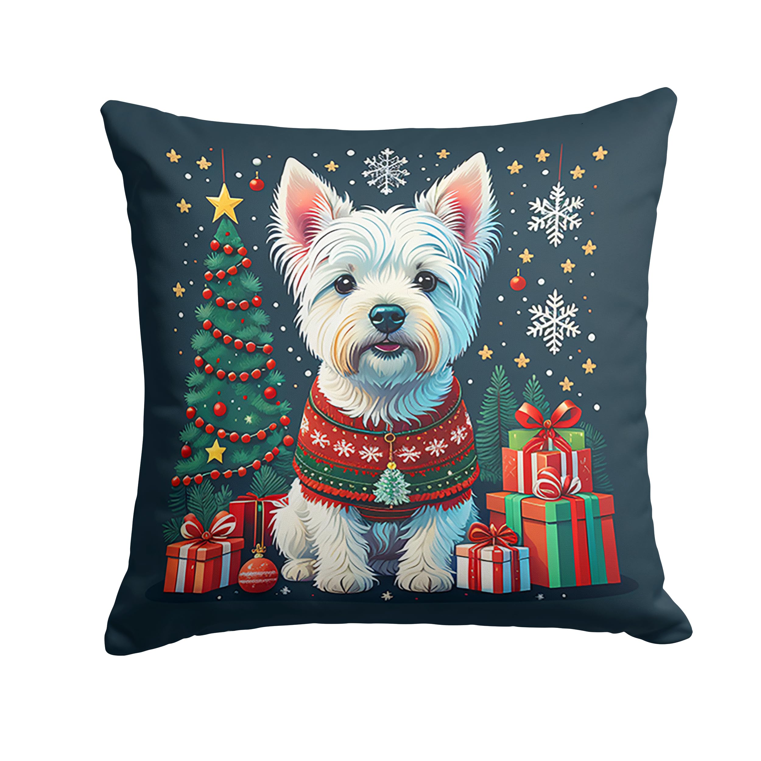 Carolines Treasures DAC1165PW1414 Westie Christmas Fabric Decorative Pillow Machine Washable, Indoor Outdoor Decorative Pillow for Couch, Bed or Patio, 14Hx14W