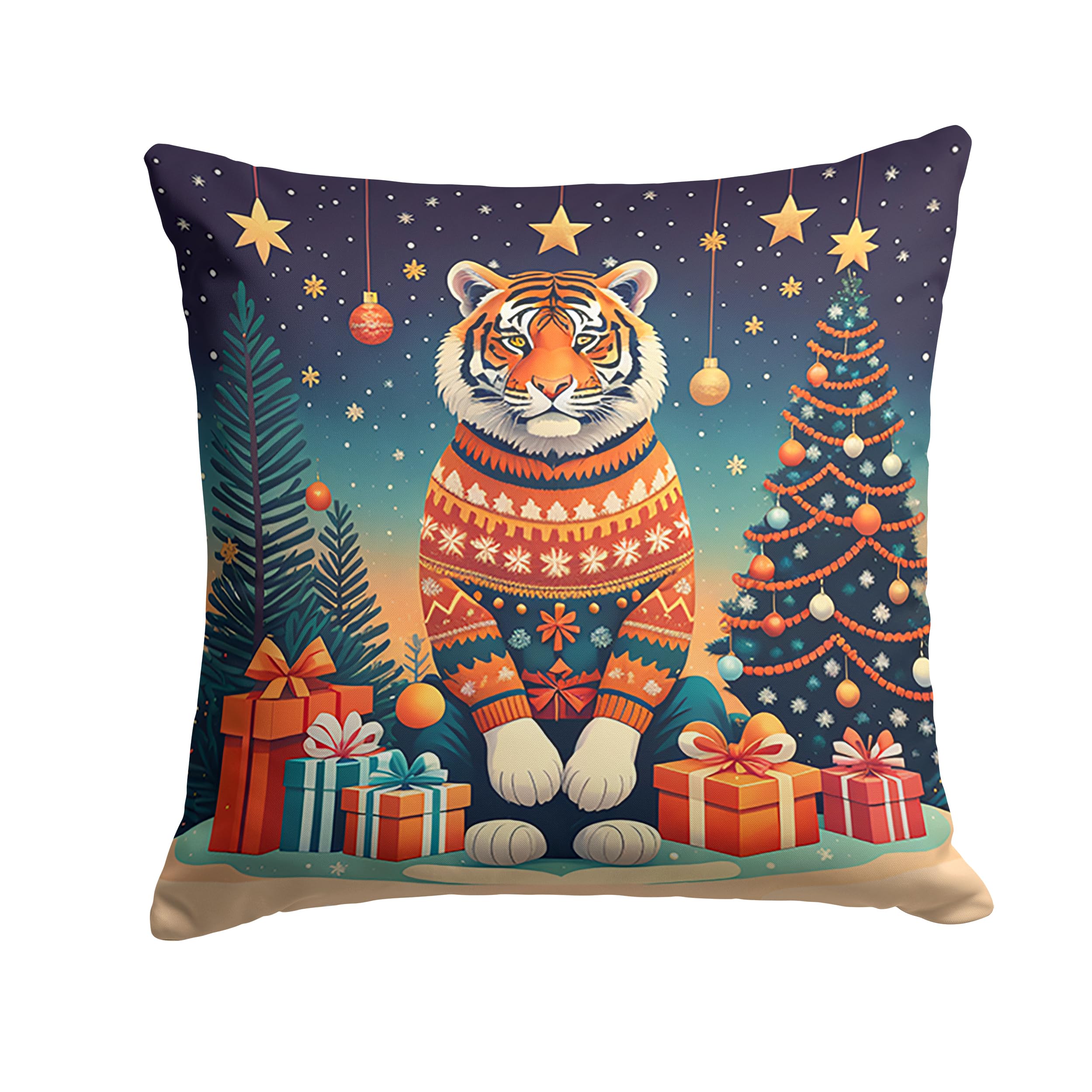 Carolines Treasures DAC1204PW1414 Tiger Christmas Fabric Decorative Pillow Machine Washable, Indoor Outdoor Decorative Pillow for Couch, Bed or Patio, 14Hx14W