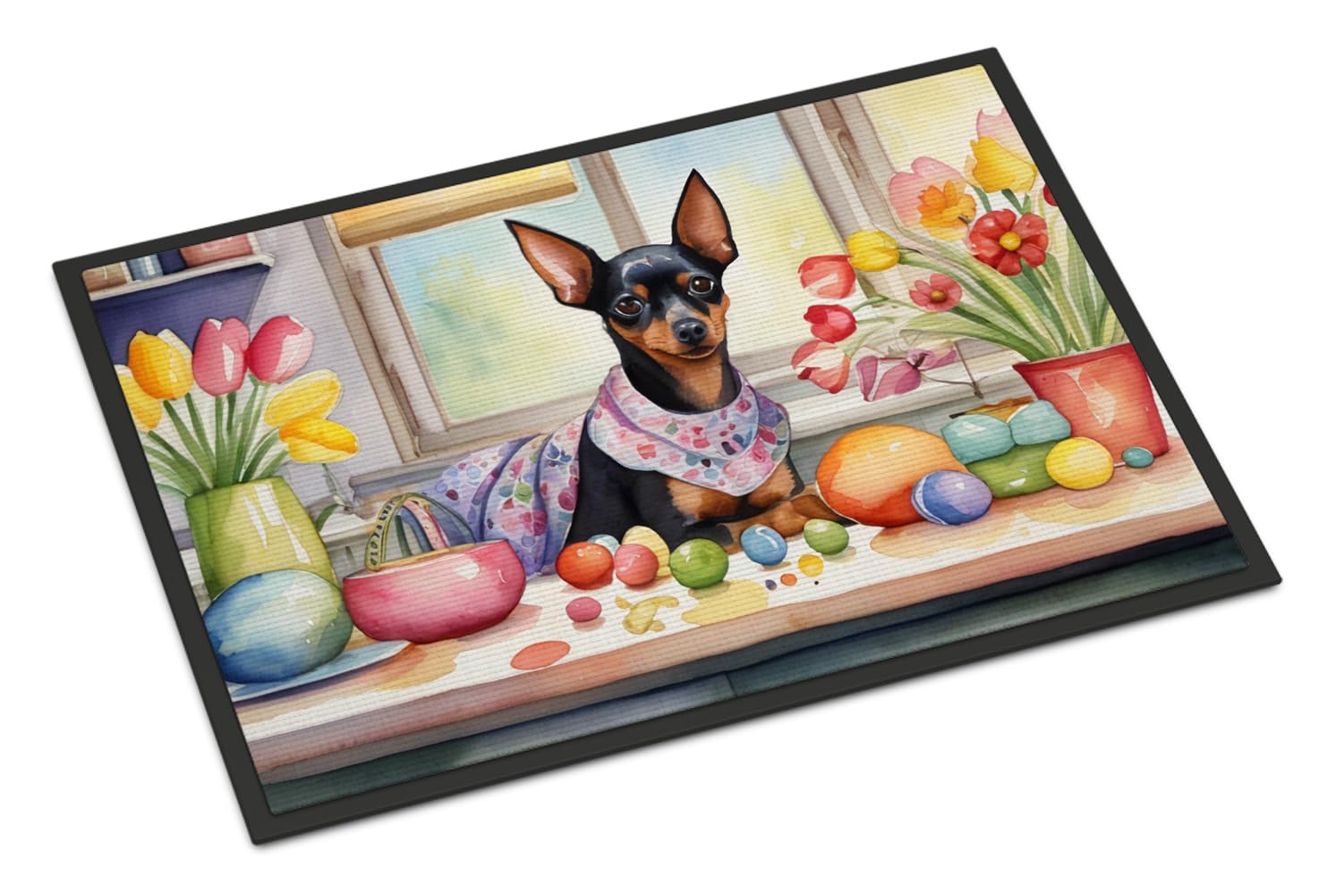 Carolines Treasures DAC6855JMAT Decorating Easter Miniature Pinscher Doormat Front Door Mat Indoor Outdoor Rugs for Entryway, Non Slip Washable Low Pile, 24H X 36W