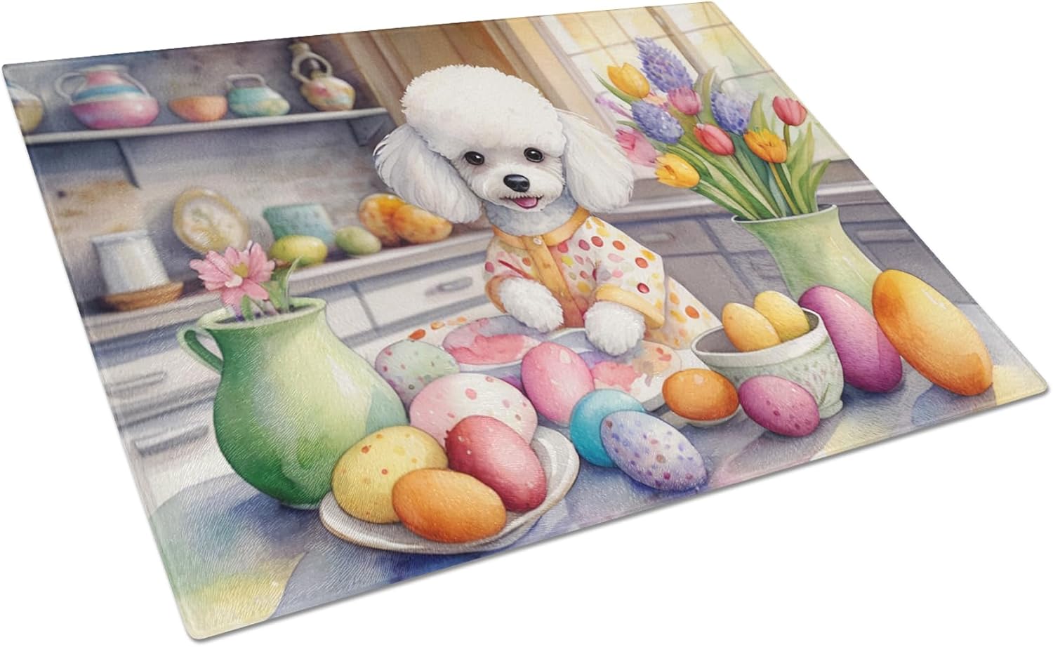 Carolines Treasures Decorating Easter White Poodle Glass Cutting Board Decorative Tempered Glass Kitchen Cutting and Serving Board Large Size Chopping Board